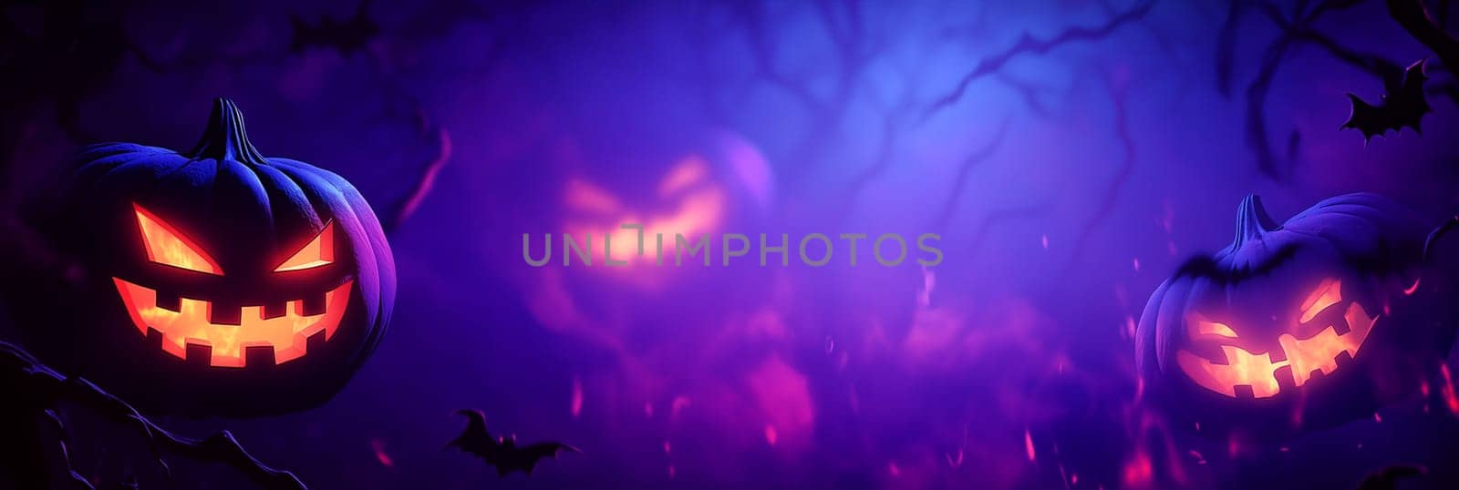 Halloween illuminated carved pumpkin, evil scary face in darkness, candle lit at night, background with copy space