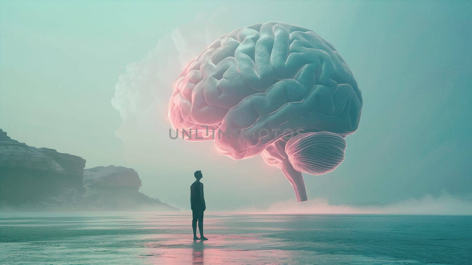 Man stands in front of a huge brain, connect to artificial intelligience, explosion of ideas, brainstorming for solutions, discovery, innovation and creativity