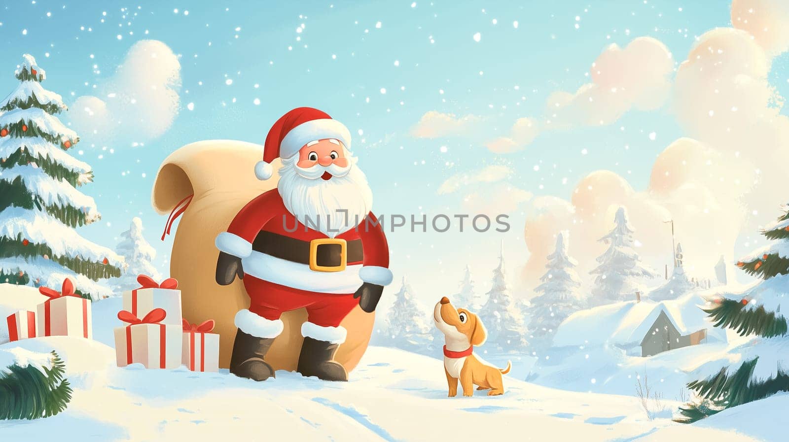 Santa Claus and puppy dog with a huge sack filled with gift box for children, snowflakes, winter holiday season, christmas greeting card