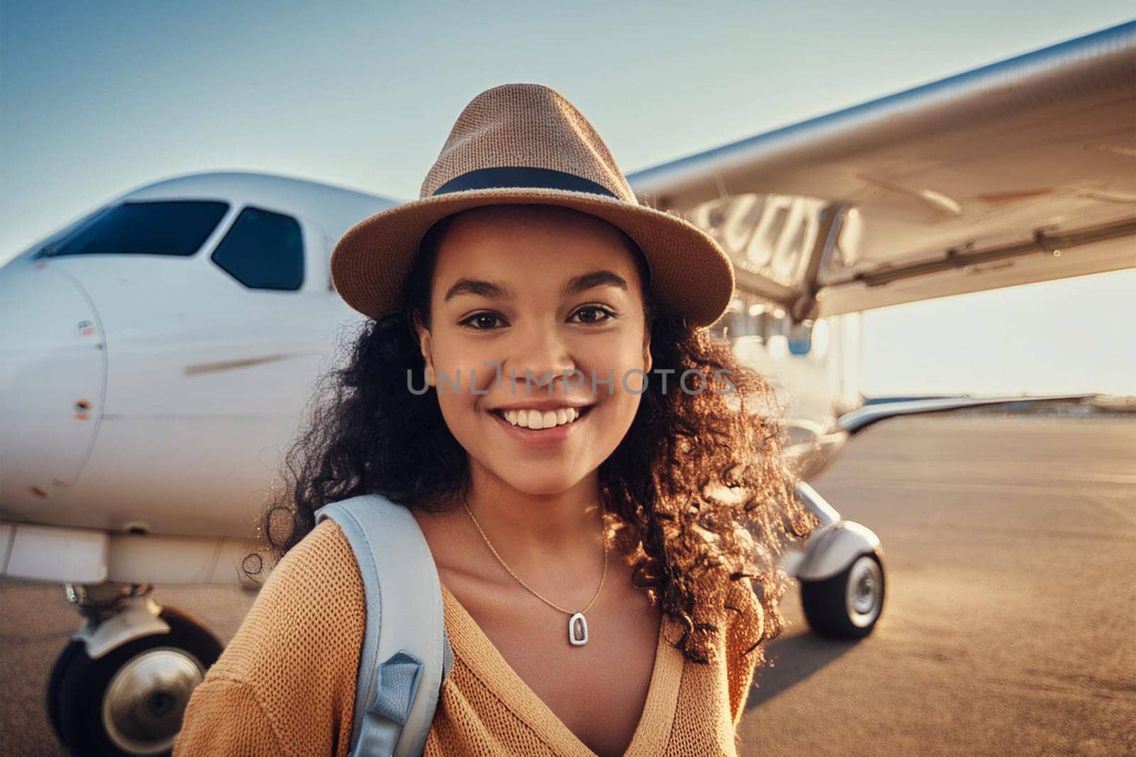 Happy hispanic young woman in straw hat near plane before boarding for vacation flight.