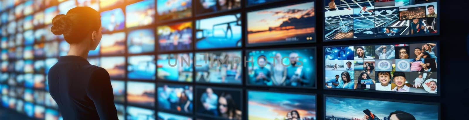 Businesswoman watching interactive digital multimedia video wall showing streaming media content