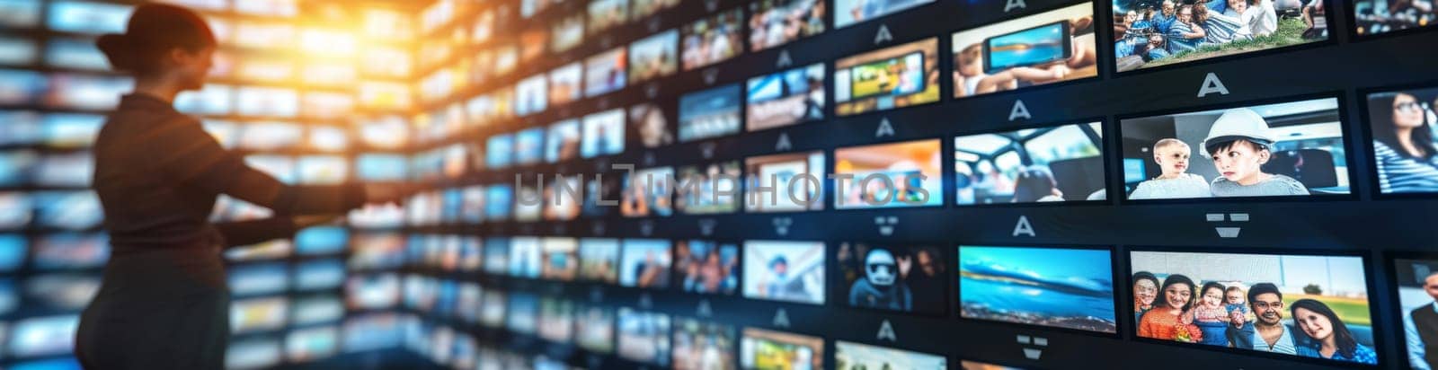 Businesswoman choosing video from touch screen concept about streaming platform, social media, video content sharing