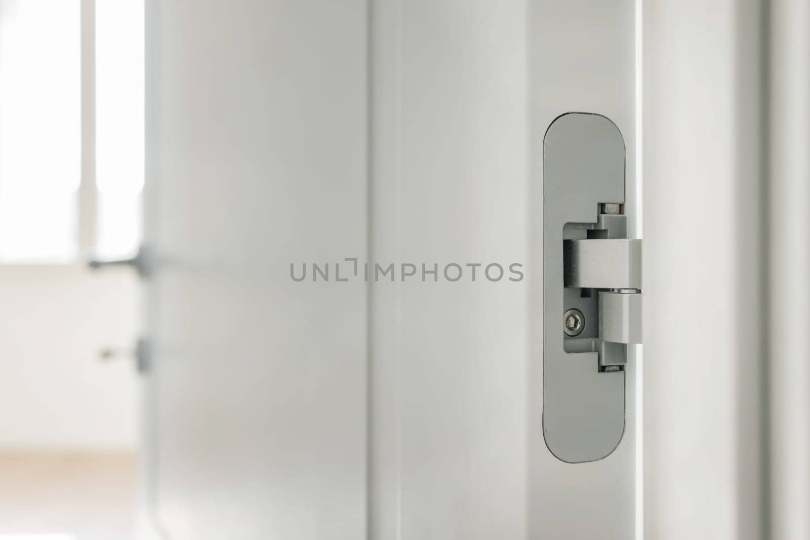Recessed door hingle. Close - up. Modern and elegant style.