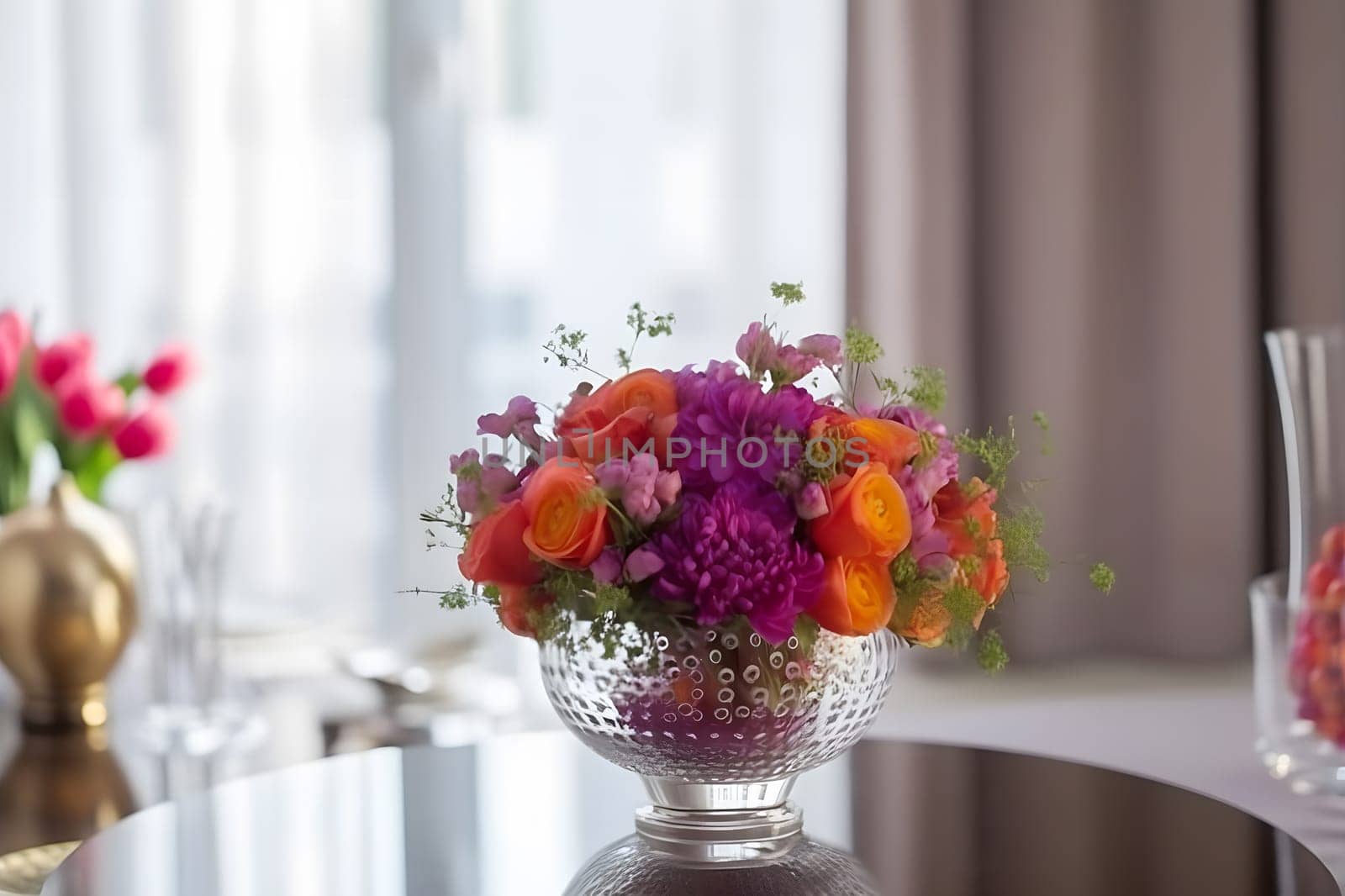 Beautiful flowers on table in wedding day. Neural network AI generated art