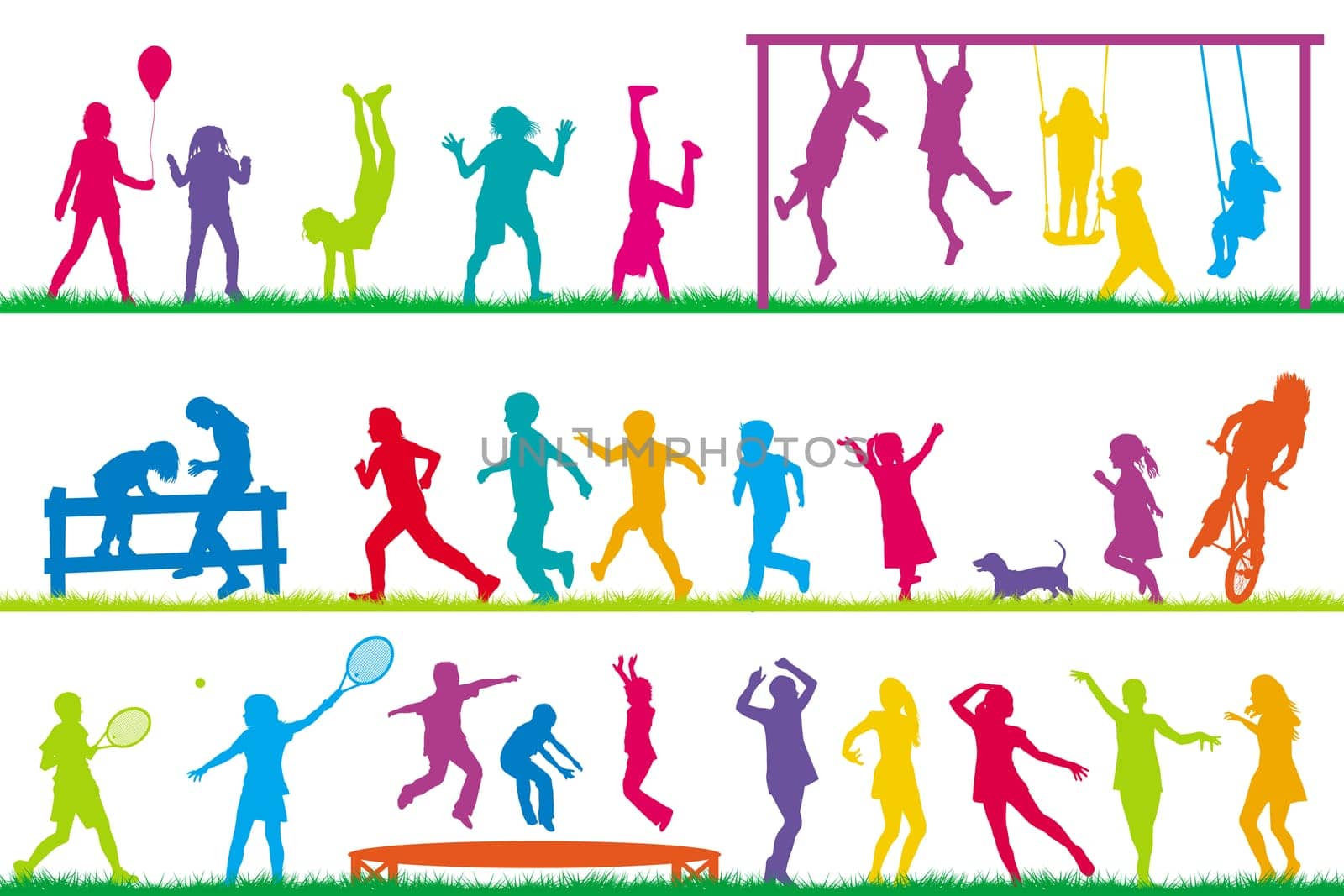 Colored children silhouettes playing outdoor