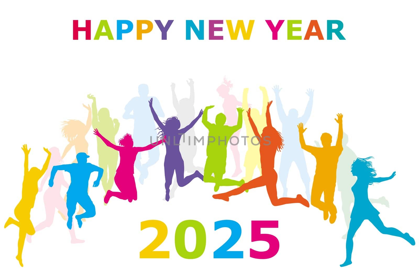 Happy New Year 2025 illustration with  silhouettes of people jumping