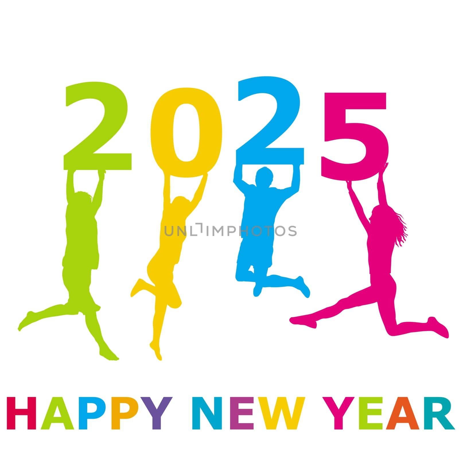 Happy new year illustration with silhouettes of happy people jumping and holding number 2025 in their hands