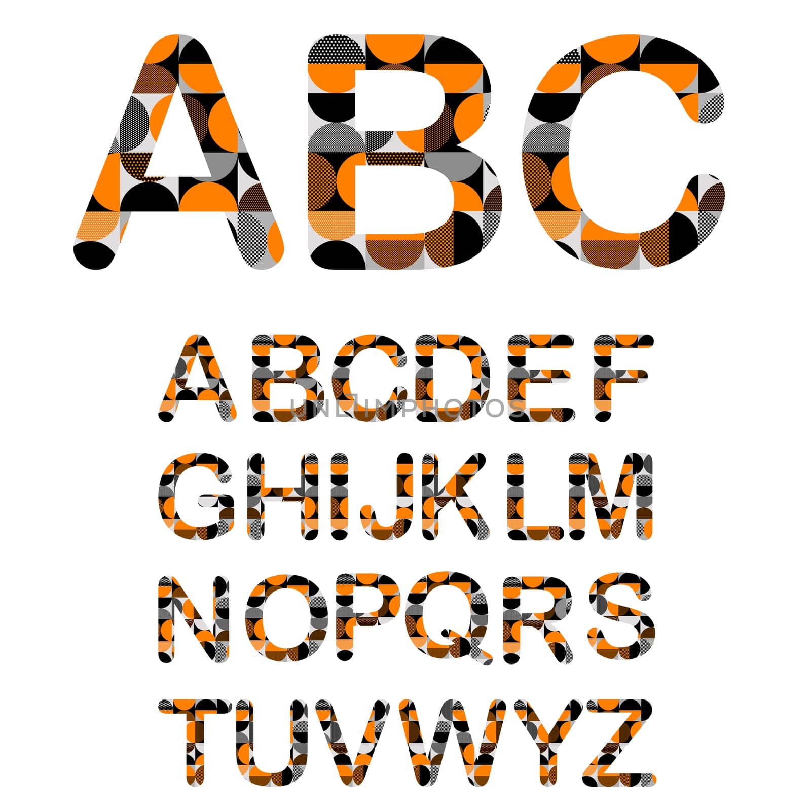 Abstract geometric modern alphabet with letters typography of dots, circle and square shapes. Bauhaus pattern fonts