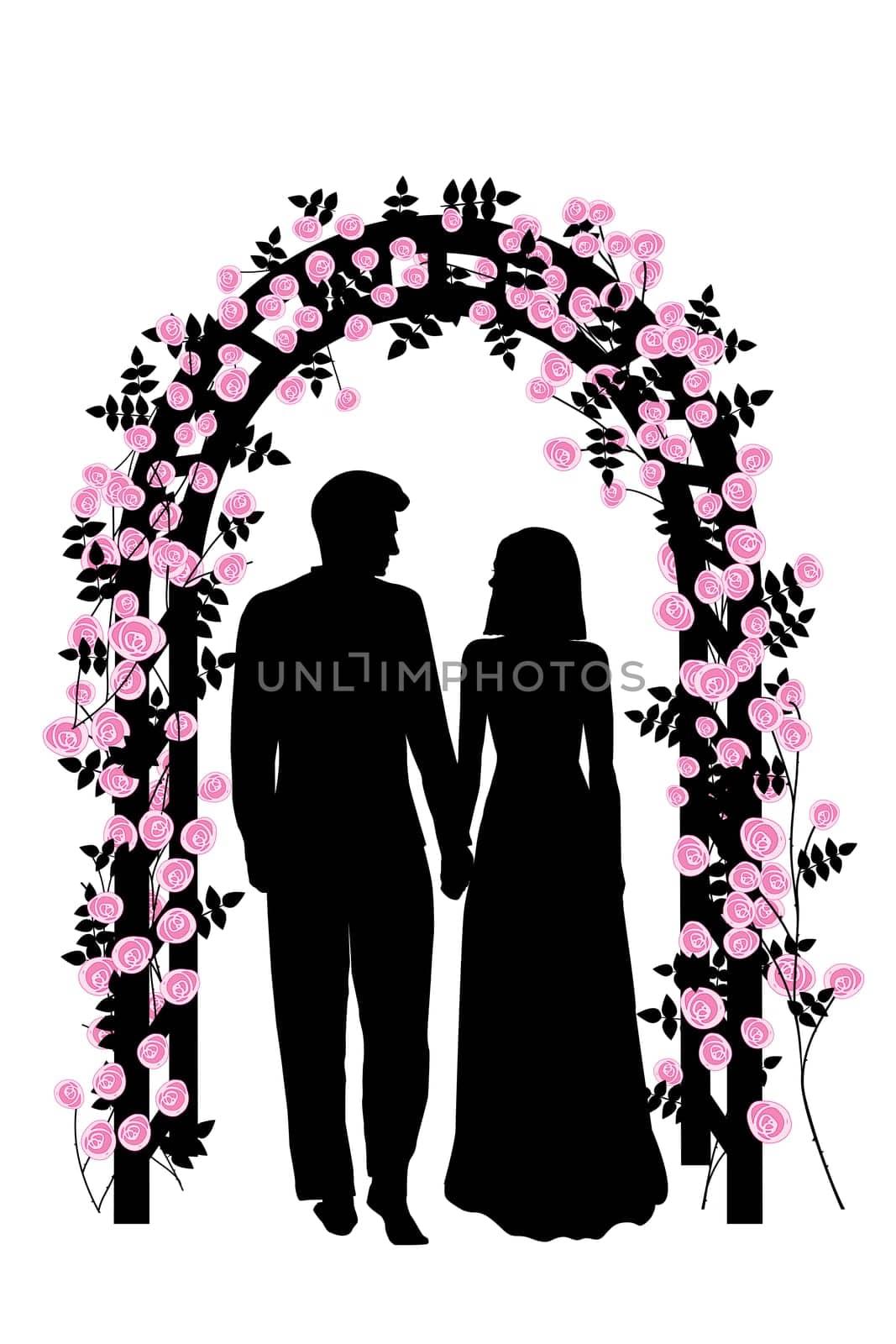 Wedding couple groom and bride under a rose arch, invitation card