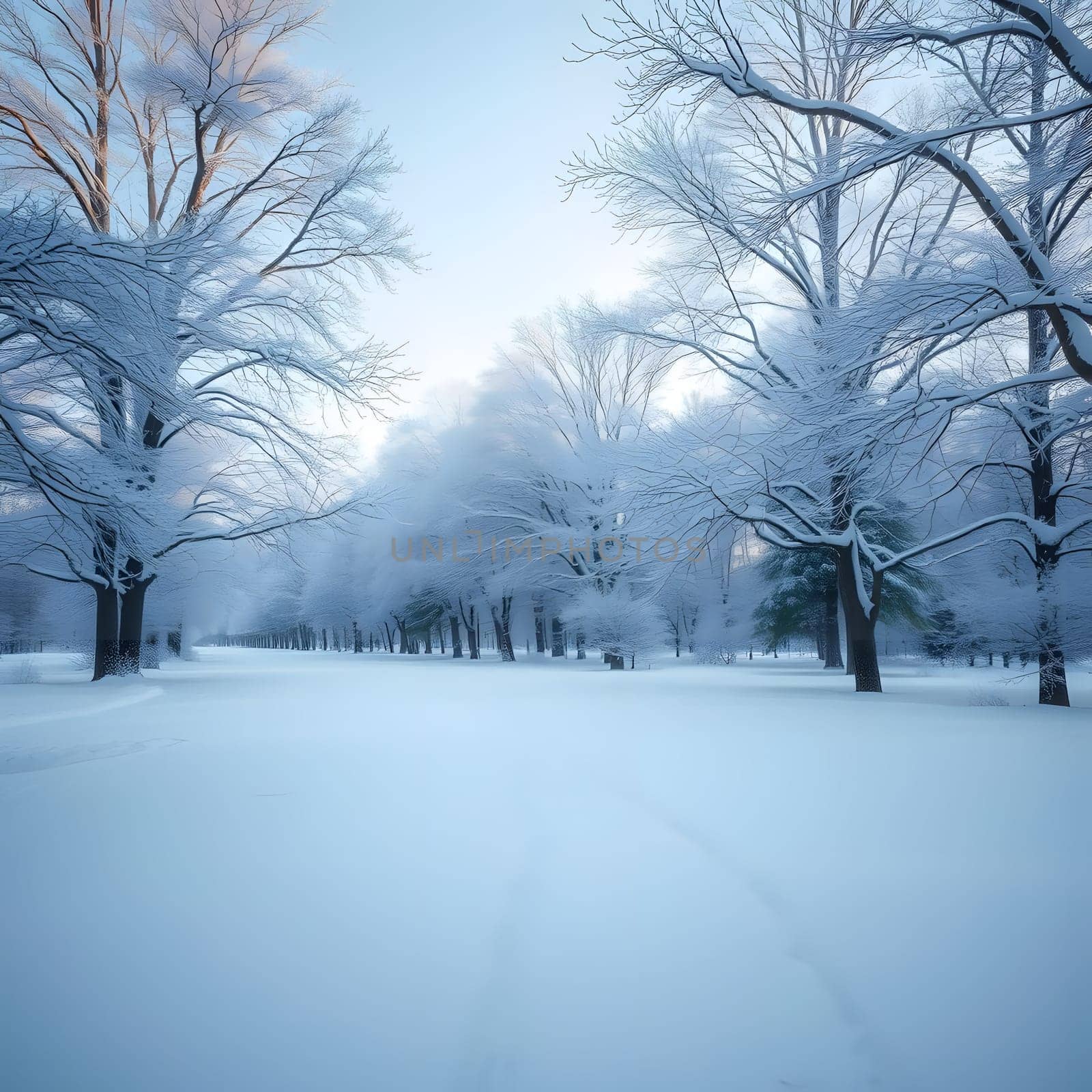 A serene winter park is blanketed in fresh snow, with trees covered in frost. The soft light of dawn illuminates the peaceful scene, creating a calm and chilly atmosphere.