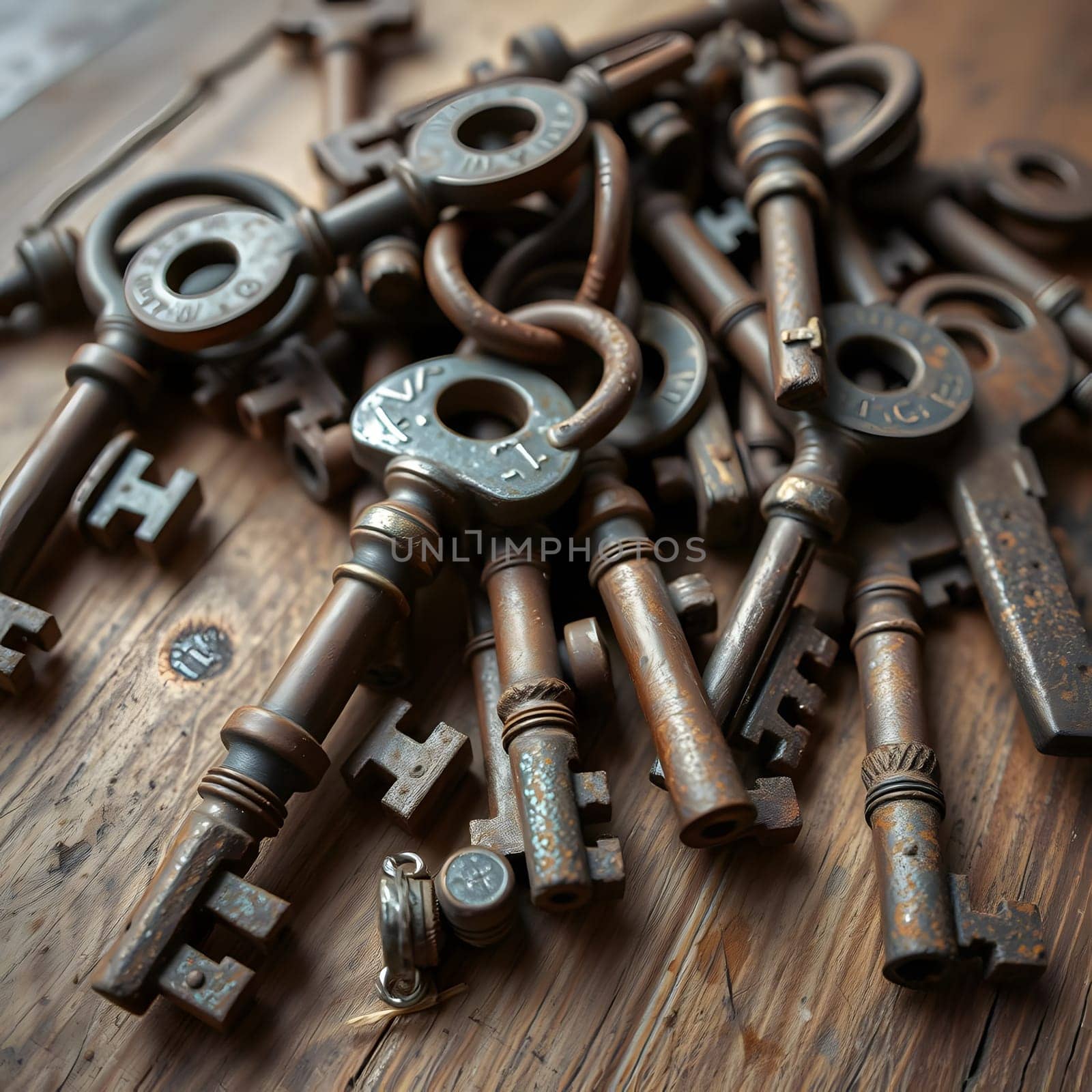 Various antique keys are scattered across a rustic wooden surface, showcasing their intricate designs and years of wear. The collection offers a glimpse into history and craftsmanship.