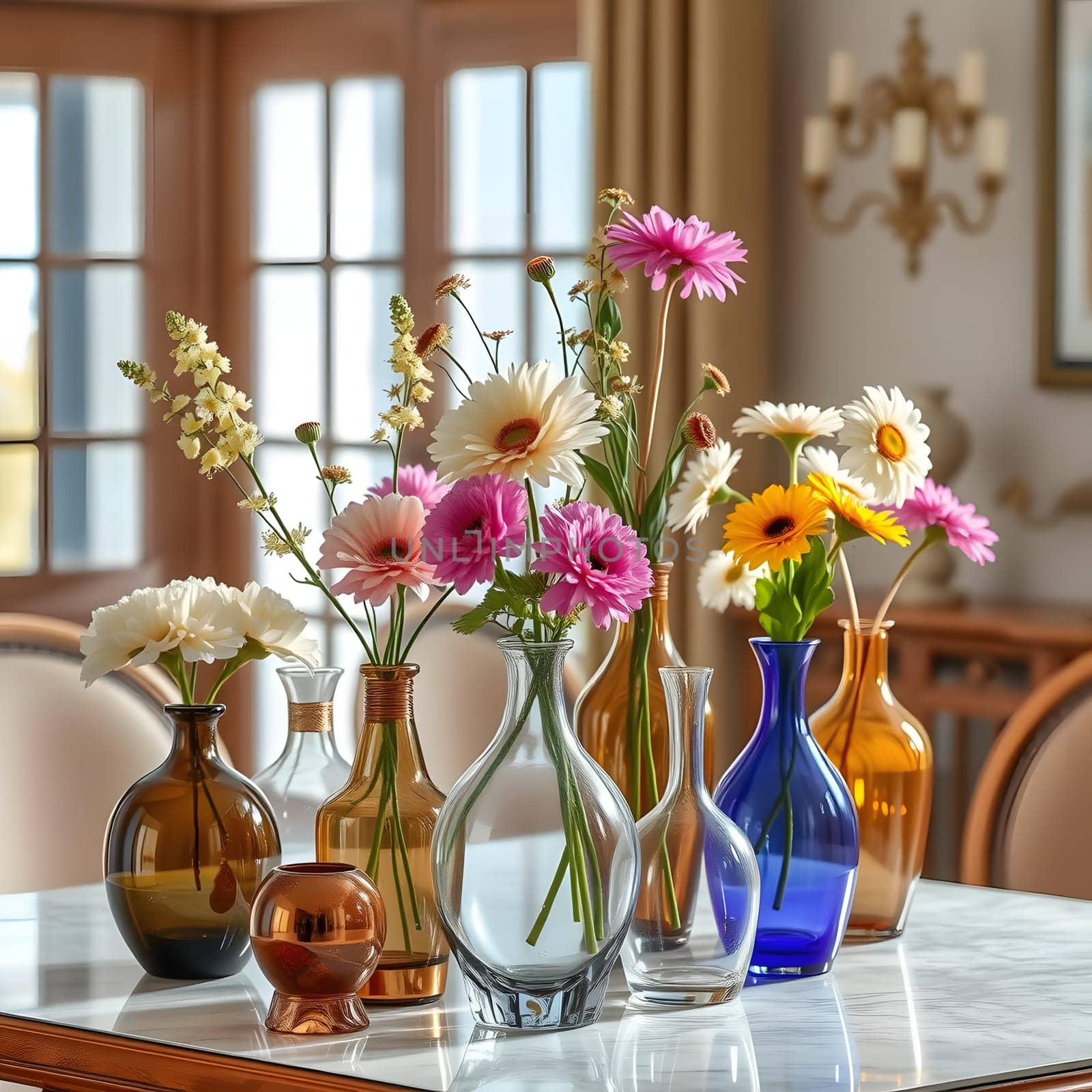 A vibrant display of fresh flowers in multiple vases brightens up a dining table. The arrangement includes daisies, gerberas, and wildflowers set against a cozy background.