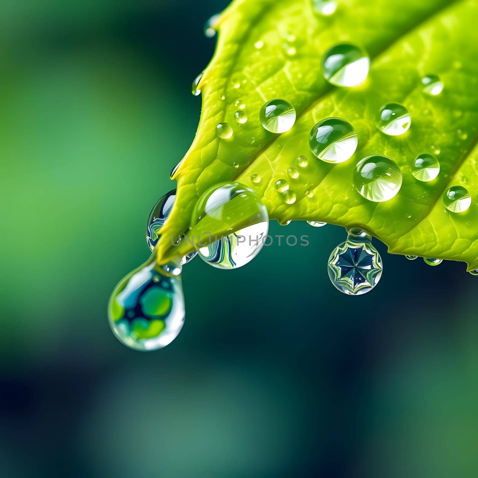 A vibrant green leaf exhibits several water droplets, glistening in the light of dawn. The droplets reflect the delicate textures of nature, showcasing the beauty of the natural world.