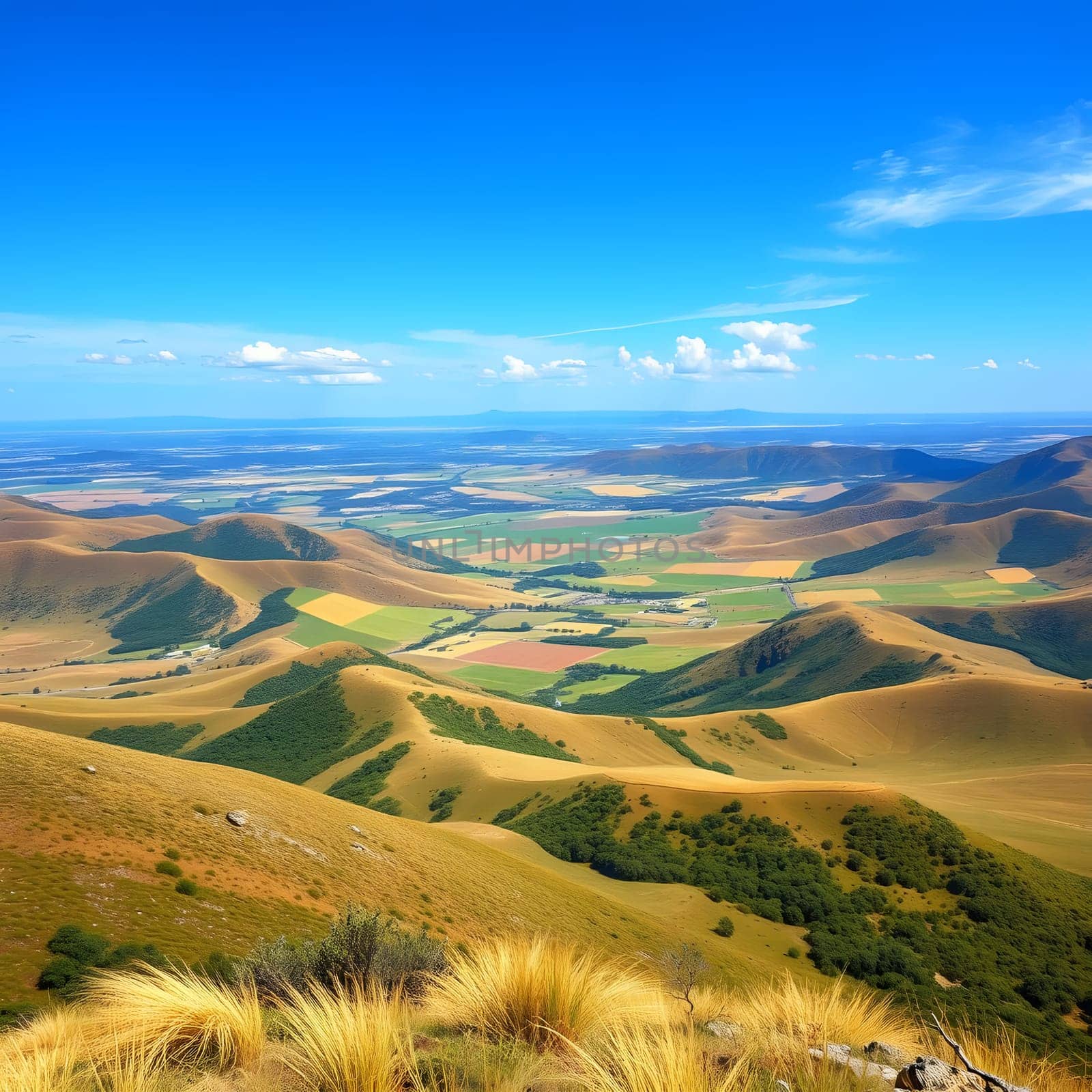 A breathtaking landscape showcasing rolling hills and valleys bathed in sunlight. The lush fields below contrast beautifully with the vibrant blue sky, creating a serene atmosphere.