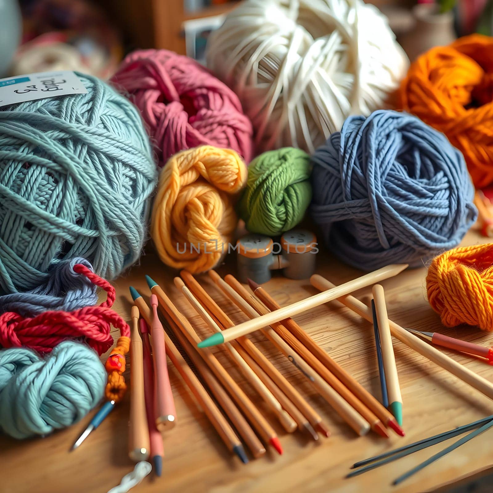 A table is filled with vibrant yarn balls in various colors alongside knitting needles and colored pencils, creating a warm and inviting atmosphere perfect for crafting.