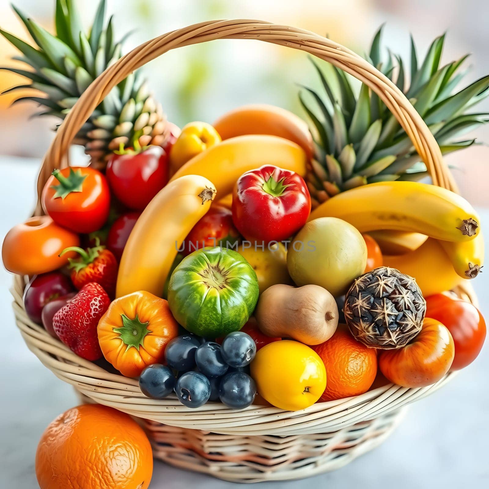 A vibrant wicker basket overflows with an assortment of fresh fruits, including bananas, strawberries, tomatoes, and pineapples, creating a lively and healthy display.