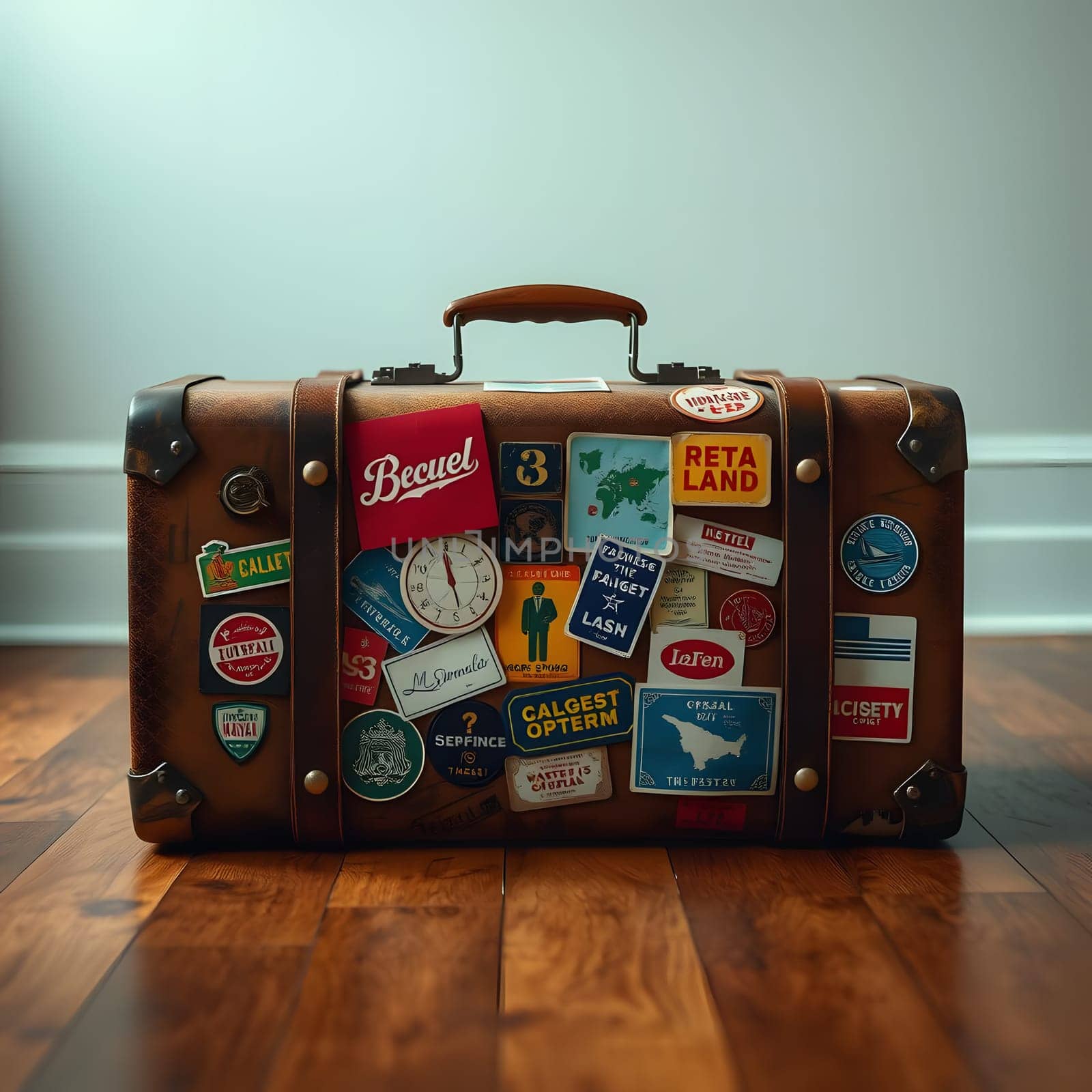 A classic vintage suitcase adorned with various travel stickers sits on a polished wooden floor, reflecting a passion for exploration and journeys taken over the years.