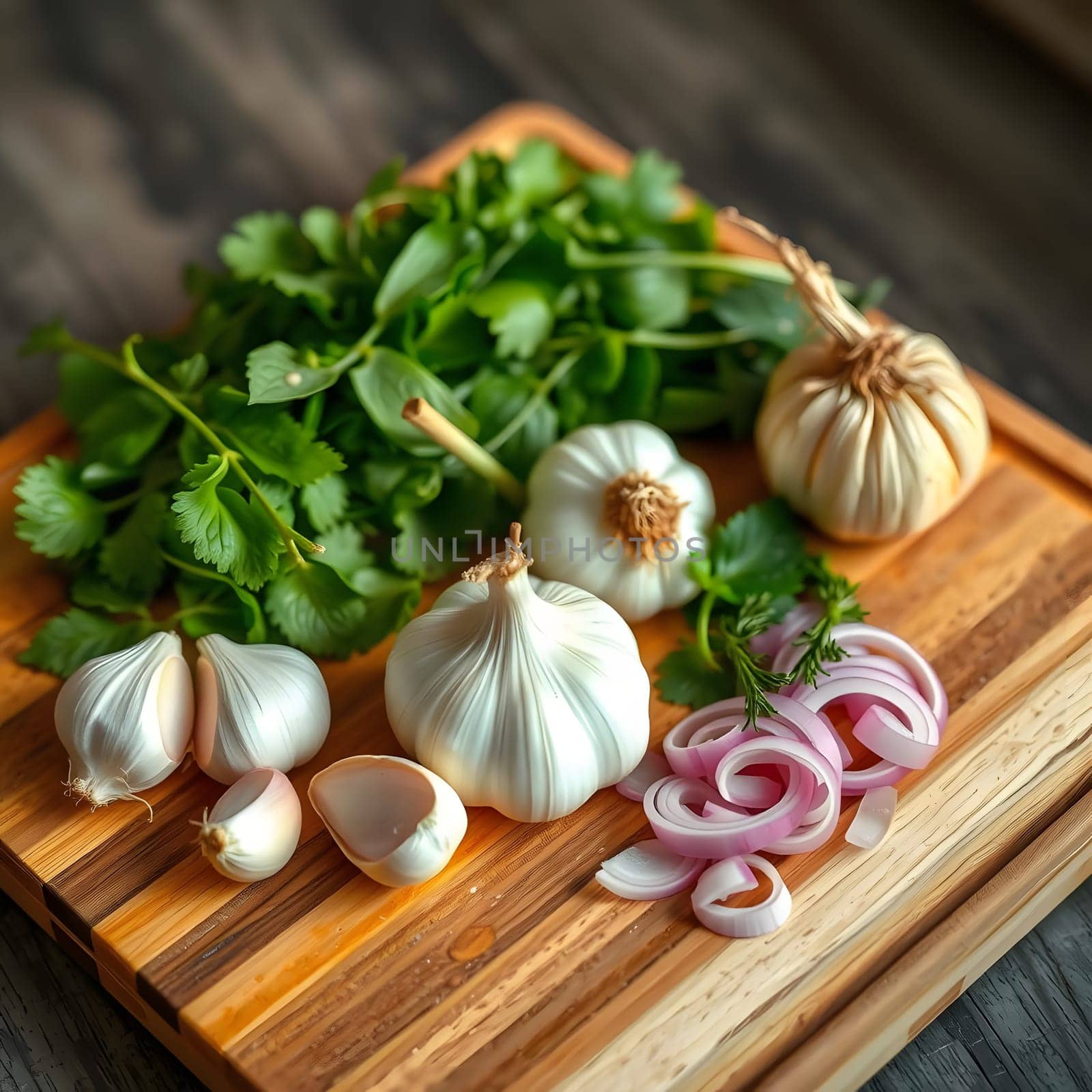 A wooden cutting board displays fresh garlic bulbs, sliced onions, and cilantro. The scene captures an inviting atmosphere for cooking and meal preparation.