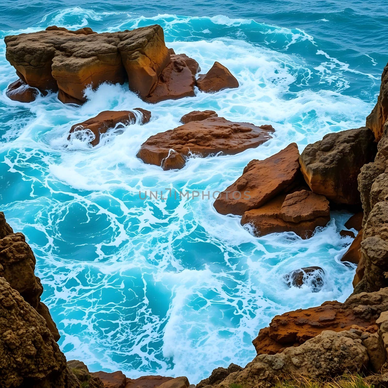Waves crash against rocky formations along the coastline, creating a spectacular display of frothy white surf against the striking blue water in bright daylight.