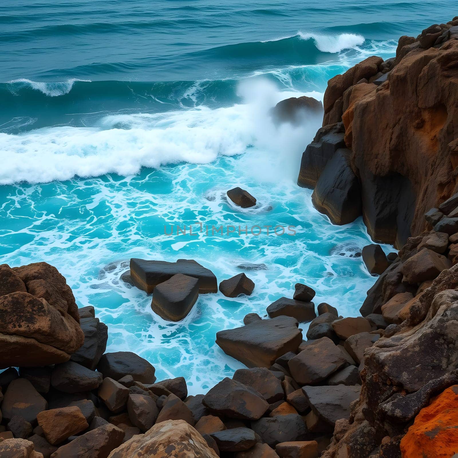 Bright blue waves crash against rugged rocks, creating a stunning contrast between the deep ocean and the textured cliffs. The sun illuminates this captivating coastal scene.