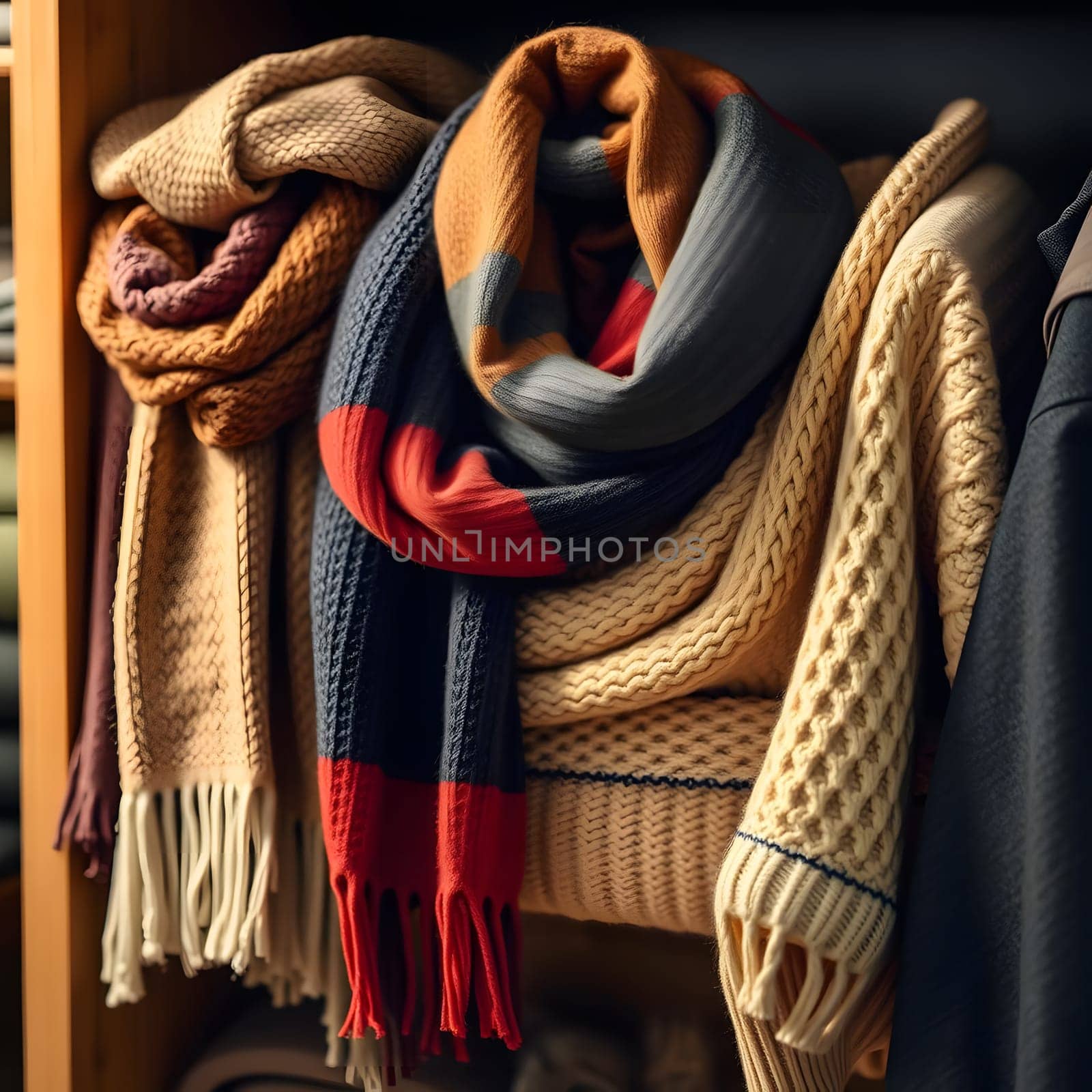 A beautifully arranged selection of colorful scarves hangs neatly in a boutique, showcasing warm textures and inviting patterns perfect for the chilly autumn days ahead.