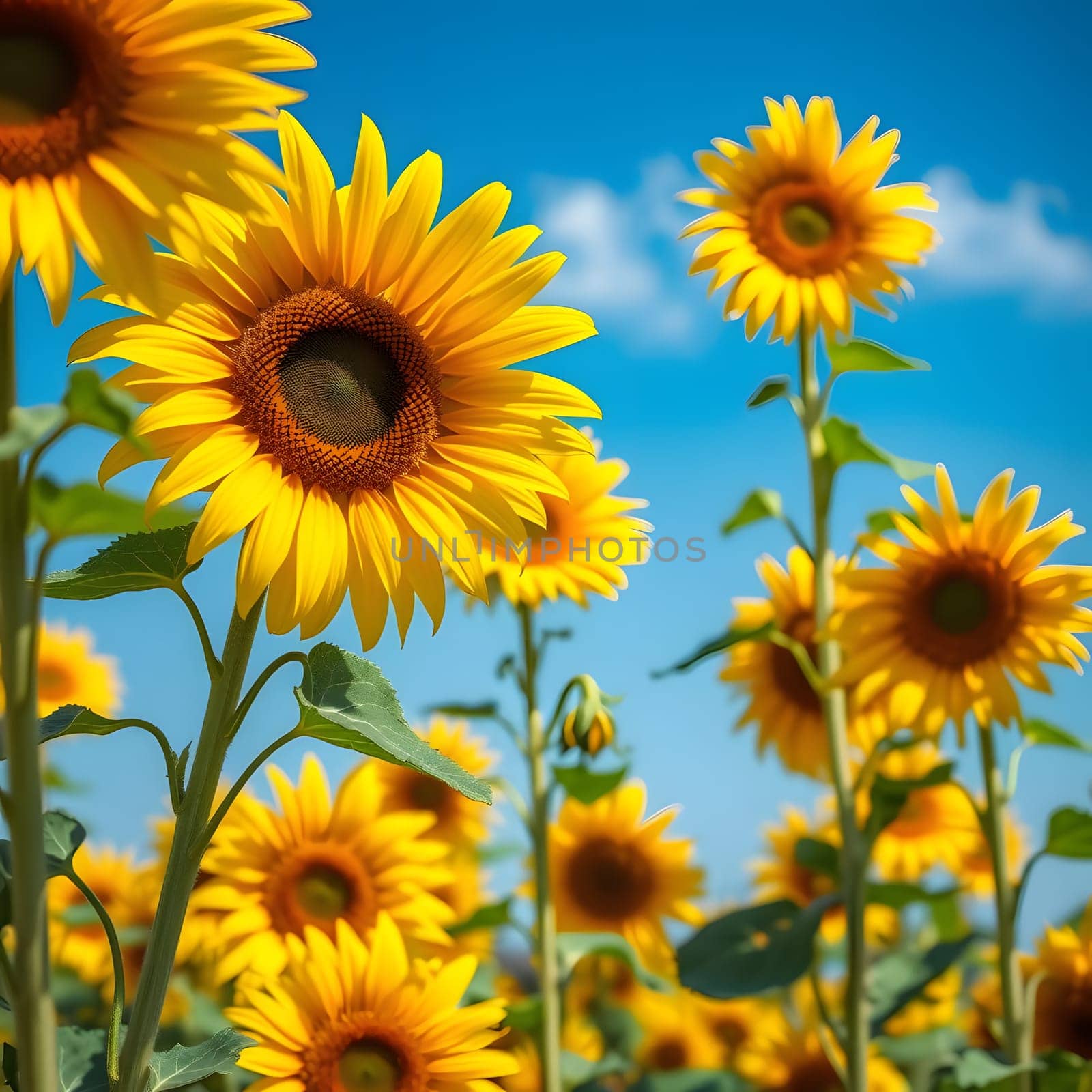 Bright sunflowers stand tall in a field, reaching towards a clear blue sky. The sun's rays highlight their vibrant yellow petals, creating a striking contrast against the greenery.