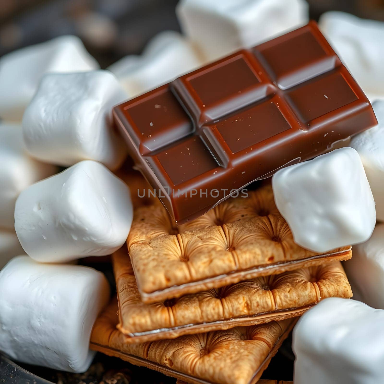 A tempting assortment of s'mores ingredients includes graham crackers, fluffy marshmallows, and rich chocolate stacked together on a dark background, perfect for a cozy gathering.