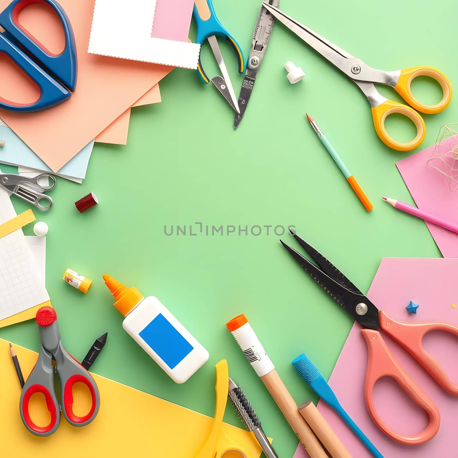 Various crafting tools and materials are displayed on a vibrant green workspace. Scissors, glue, and colorful paper showcase a creative atmosphere perfect for artistic projects.