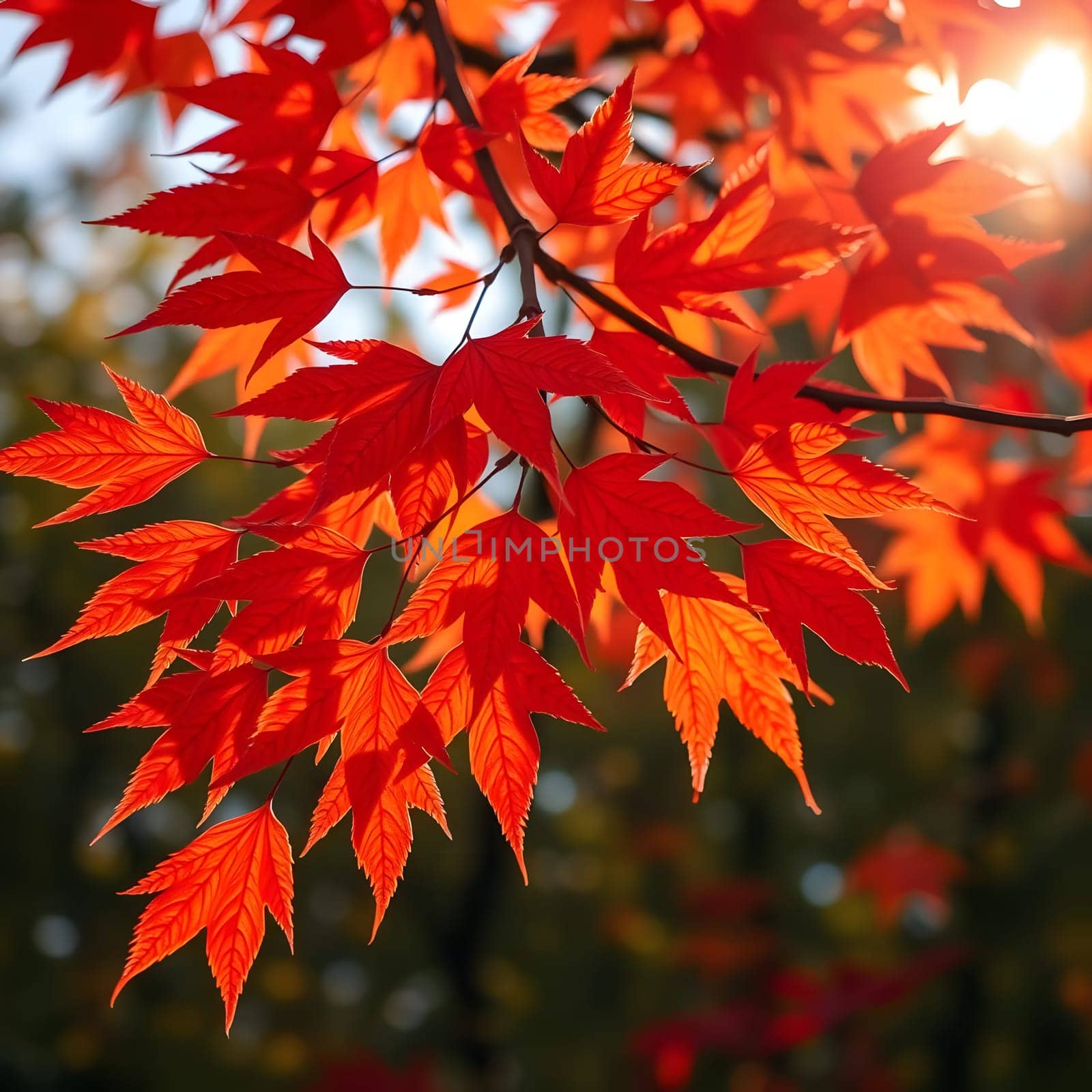 Dazzling red maple leaves catch the sunlight as they hang from branches in a serene forest during autumn, creating a warm and inviting atmosphere in nature.