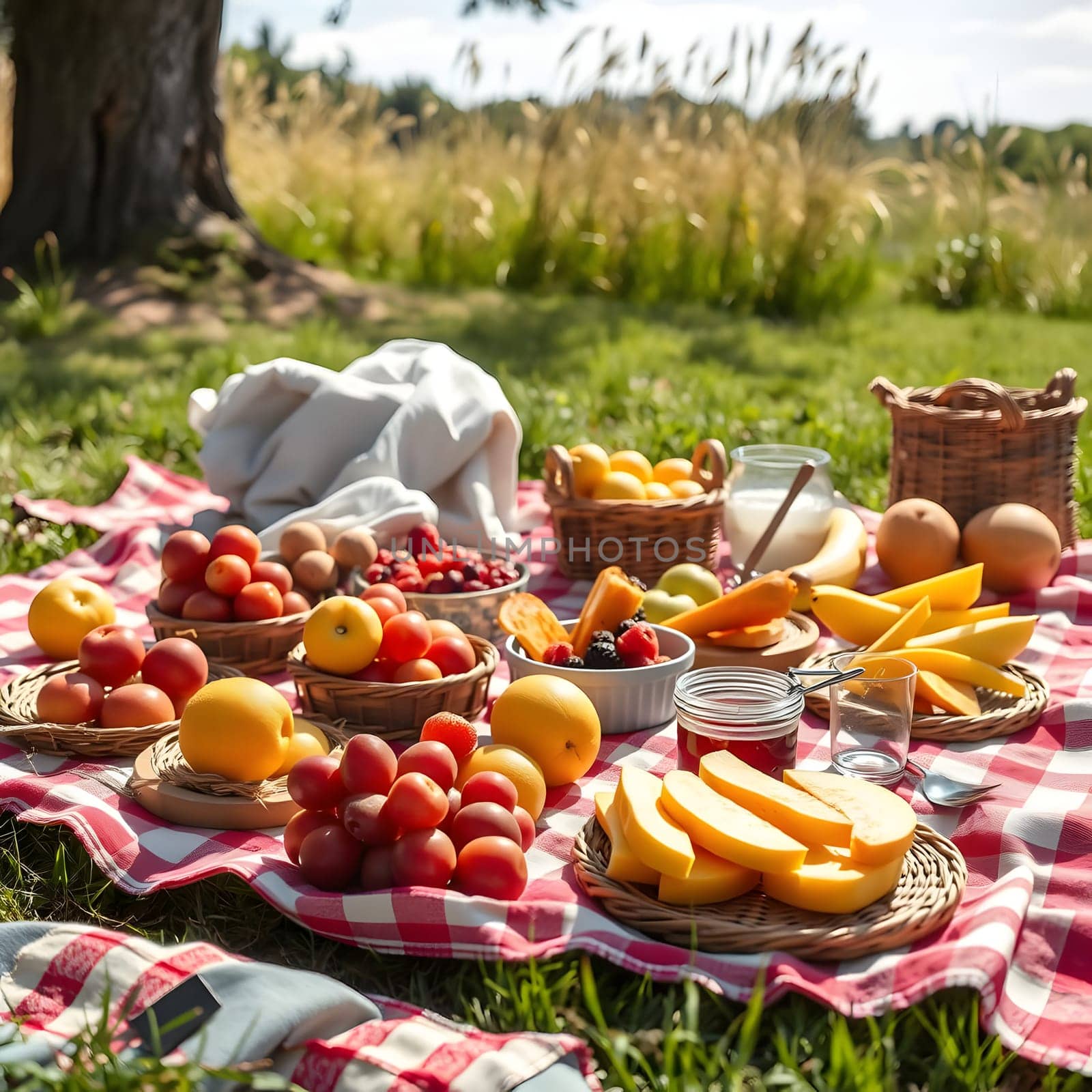 A colorful assortment of fresh fruits is arranged on a checkered blanket in a meadow. Baskets filled with berries, melons, and citrus are surrounded by lush greenery and sunlight.