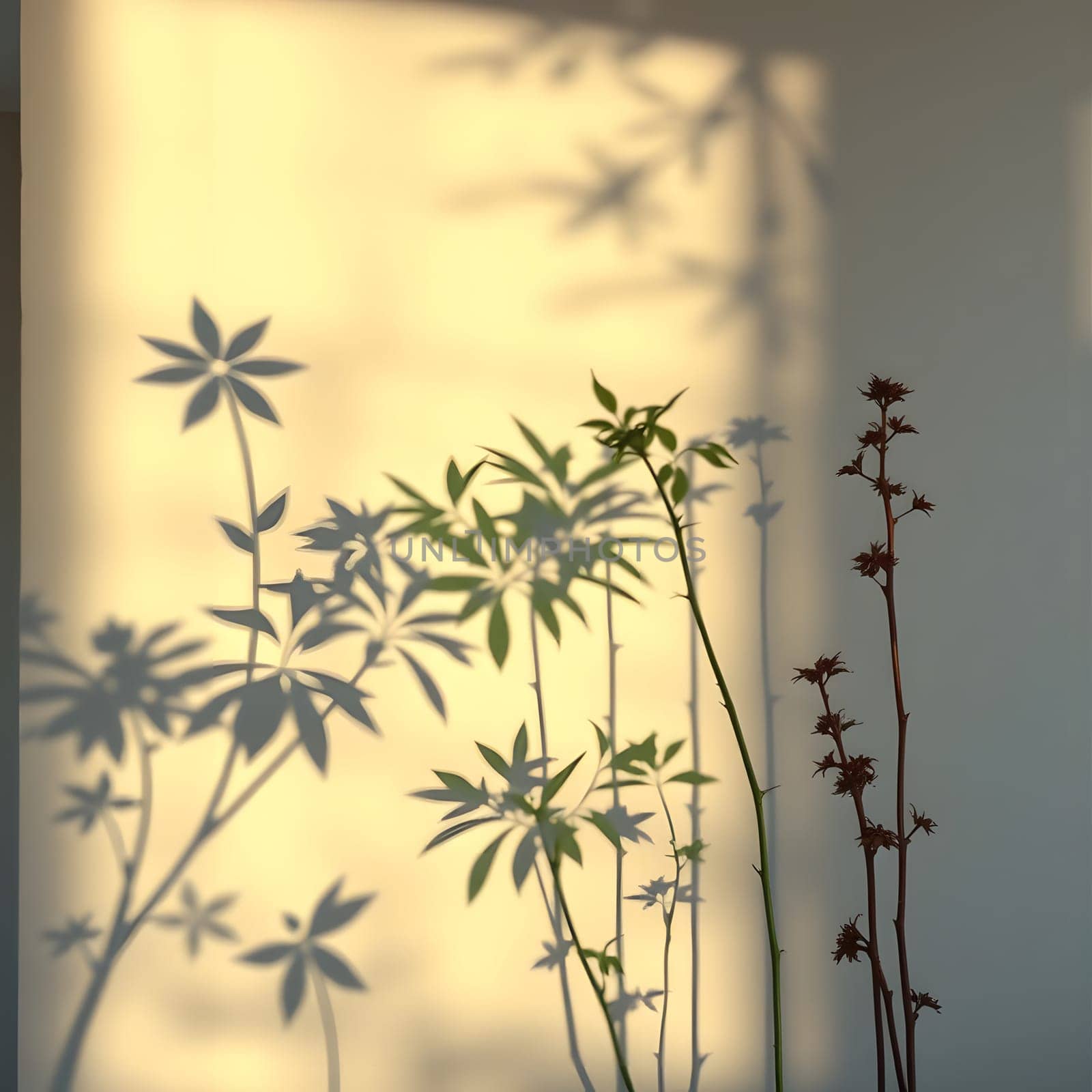 Delicate shadows of various plants cast intricate shapes on a softly lit wall, highlighting their beauty as evening light filters through the leaves.