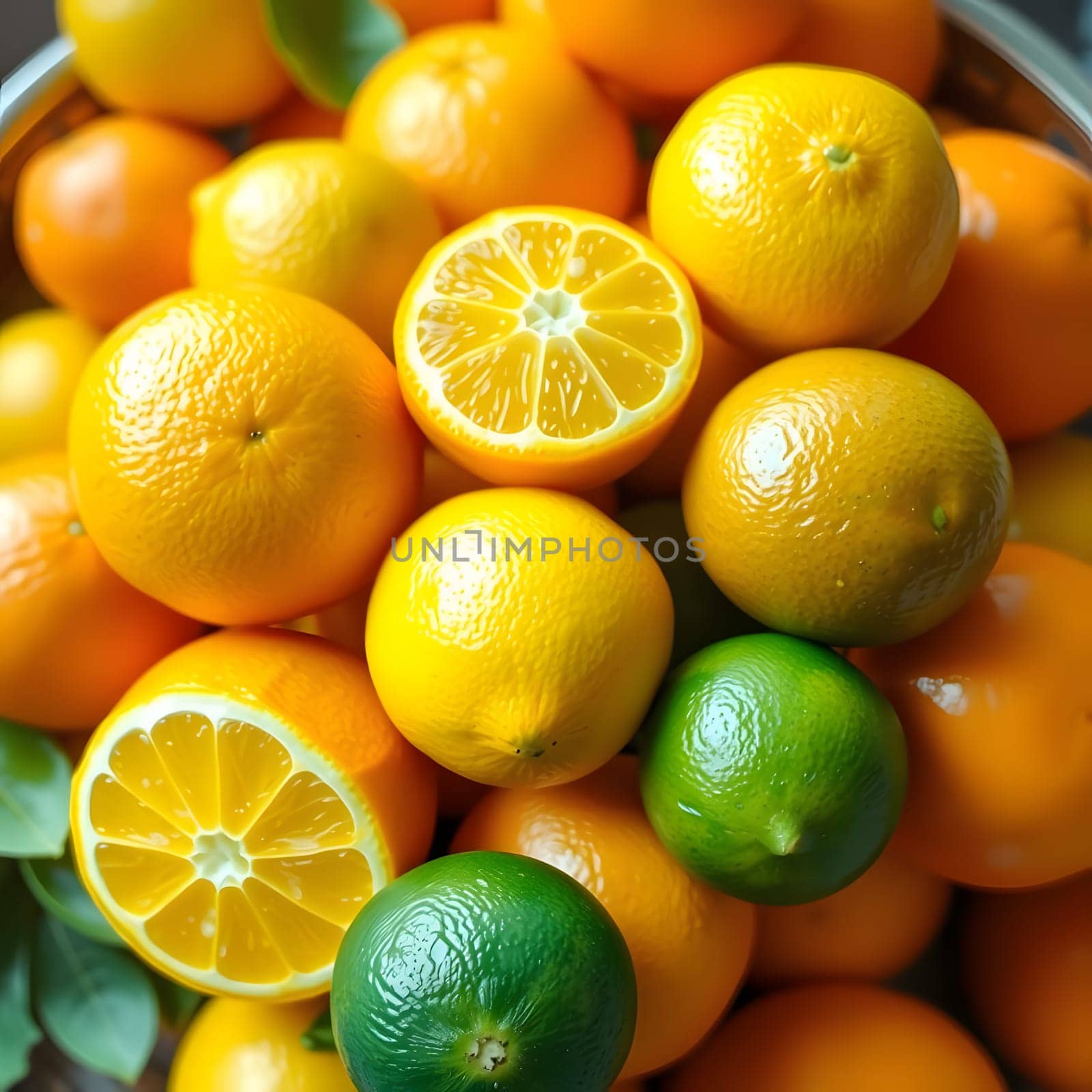 A bowl filled with a mix of fresh oranges and ripe limes, showcasing their bright colors under soft afternoon light, creating a refreshing and inviting look.