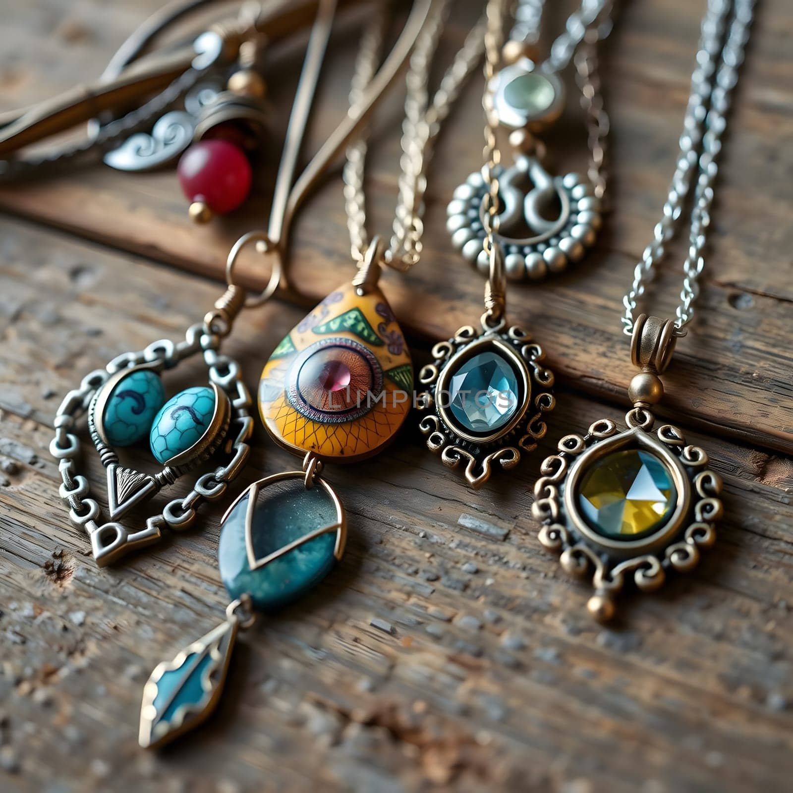 A collection of artisan necklaces with intricate designs rests on a rustic wooden surface, illuminated by soft natural light, showcasing vibrant colors and unique shapes.