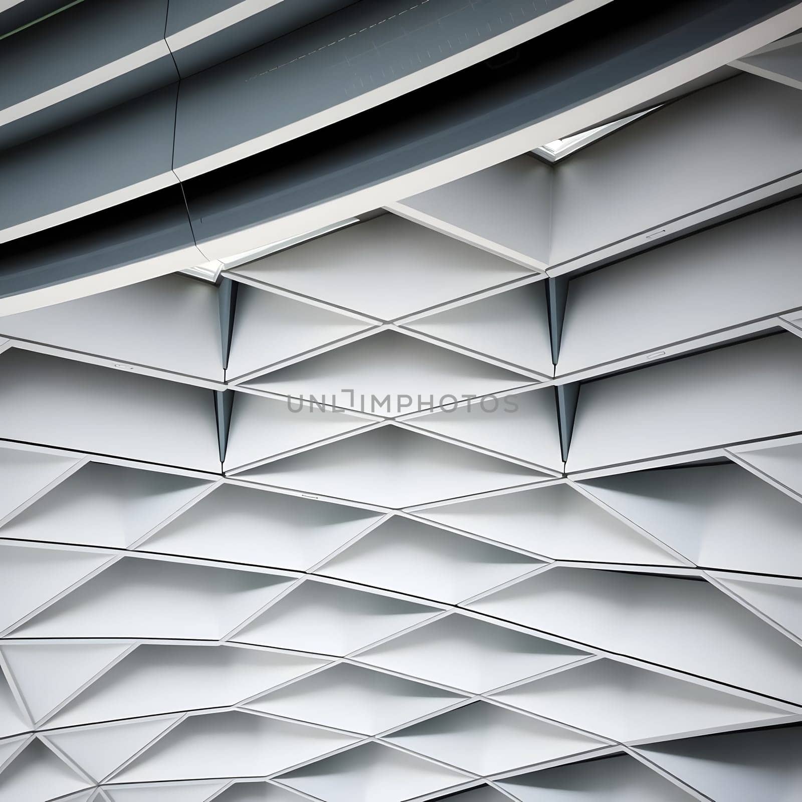 A unique ceiling showcases intricate geometric patterns, with a blend of triangles and diamonds. The neutral shades create an elegant ambiance, highlighting contemporary architectural style.