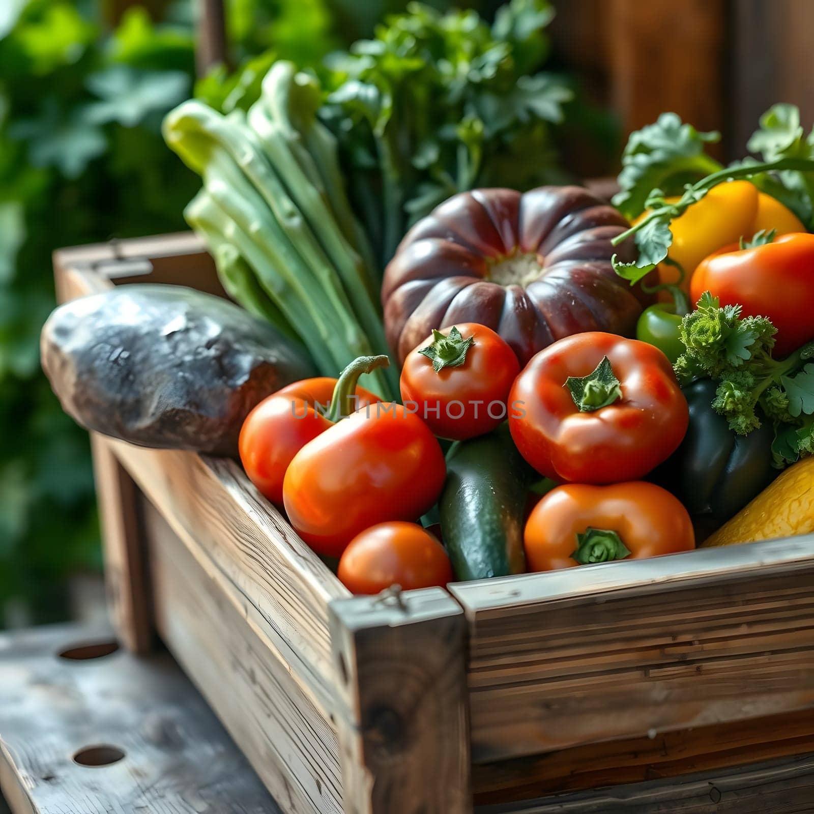 A collection of vibrant, freshly picked vegetables rests in a rustic wooden crate. The assortment includes tomatoes, zucchini, and more, showcasing the bounty of a summer harvest.