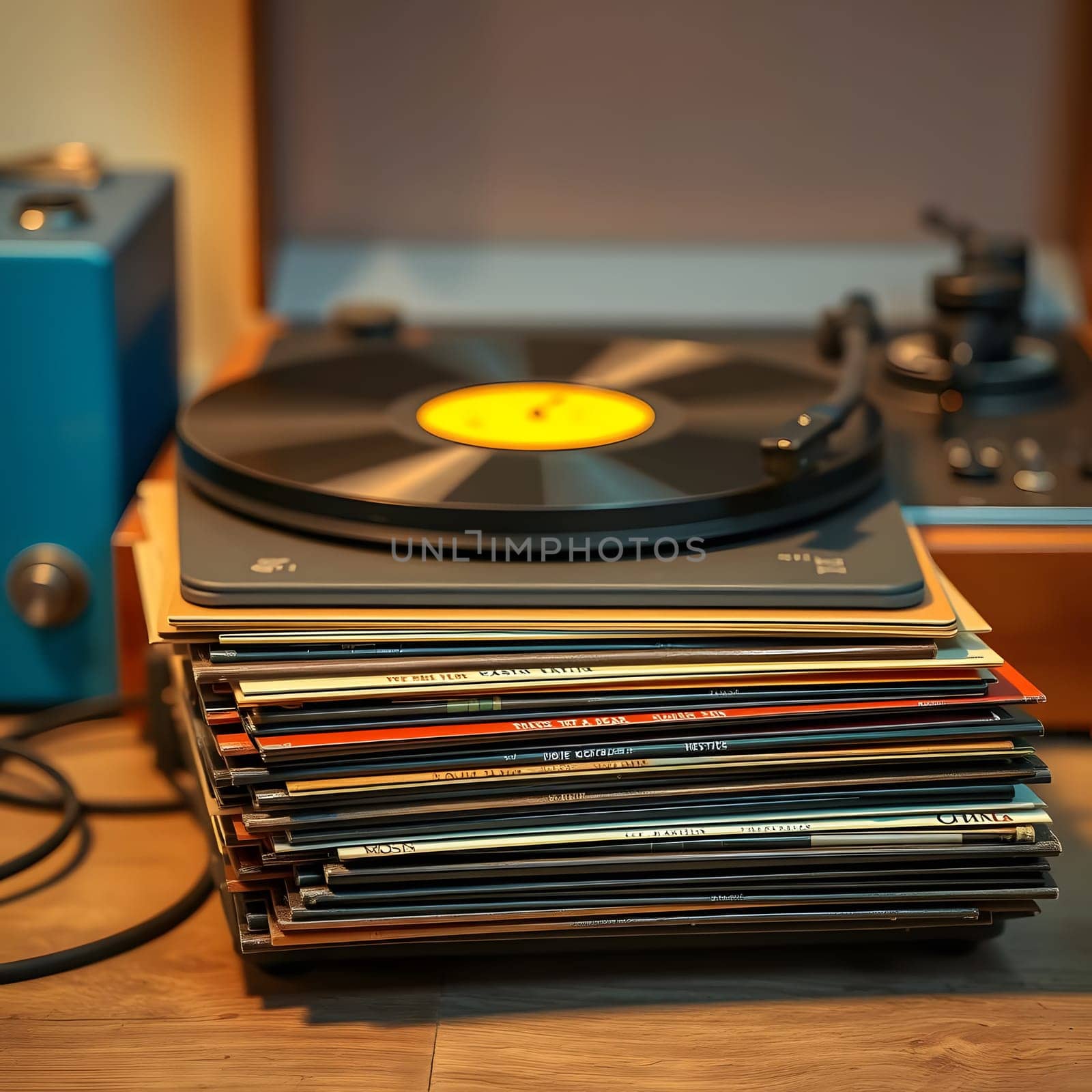 A vintage turntable sits on a wooden surface surrounded by neatly stacked vinyl records, creating a warm and inviting atmosphere perfect for music enthusiasts.