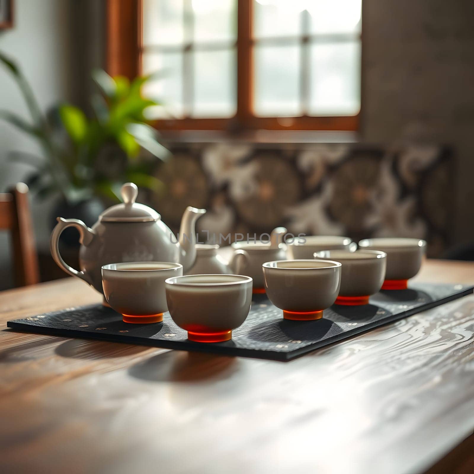 A beautifully arranged tea set with delicate cups and a teapot sits on a wooden table. Soft light streams through the window, creating a warm and inviting atmosphere for enjoying tea.