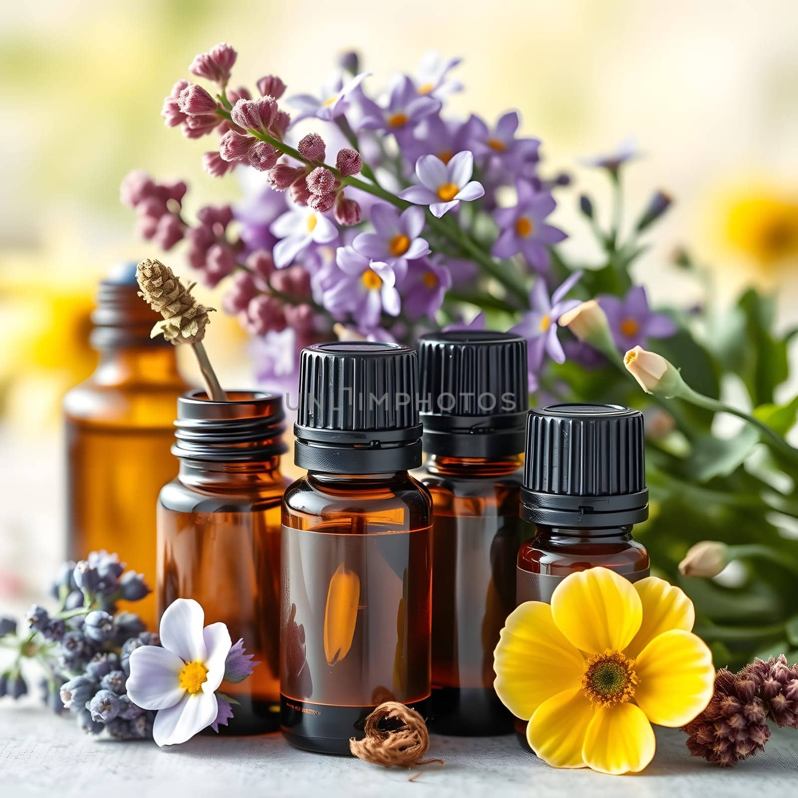 Various dark amber bottles of essential oils are placed among vibrant flowers on a wooden table. The arrangement showcases a blend of colors and natural beauty in a serene setting.