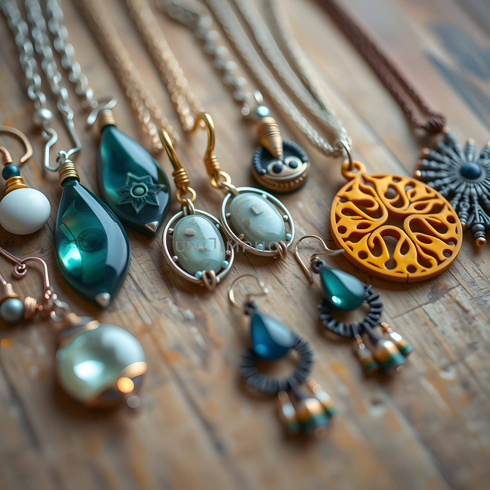 Delicate handcrafted jewelry featuring various designs and materials is elegantly displayed on a rustic wooden surface, showcasing the artistry and detail of each piece.