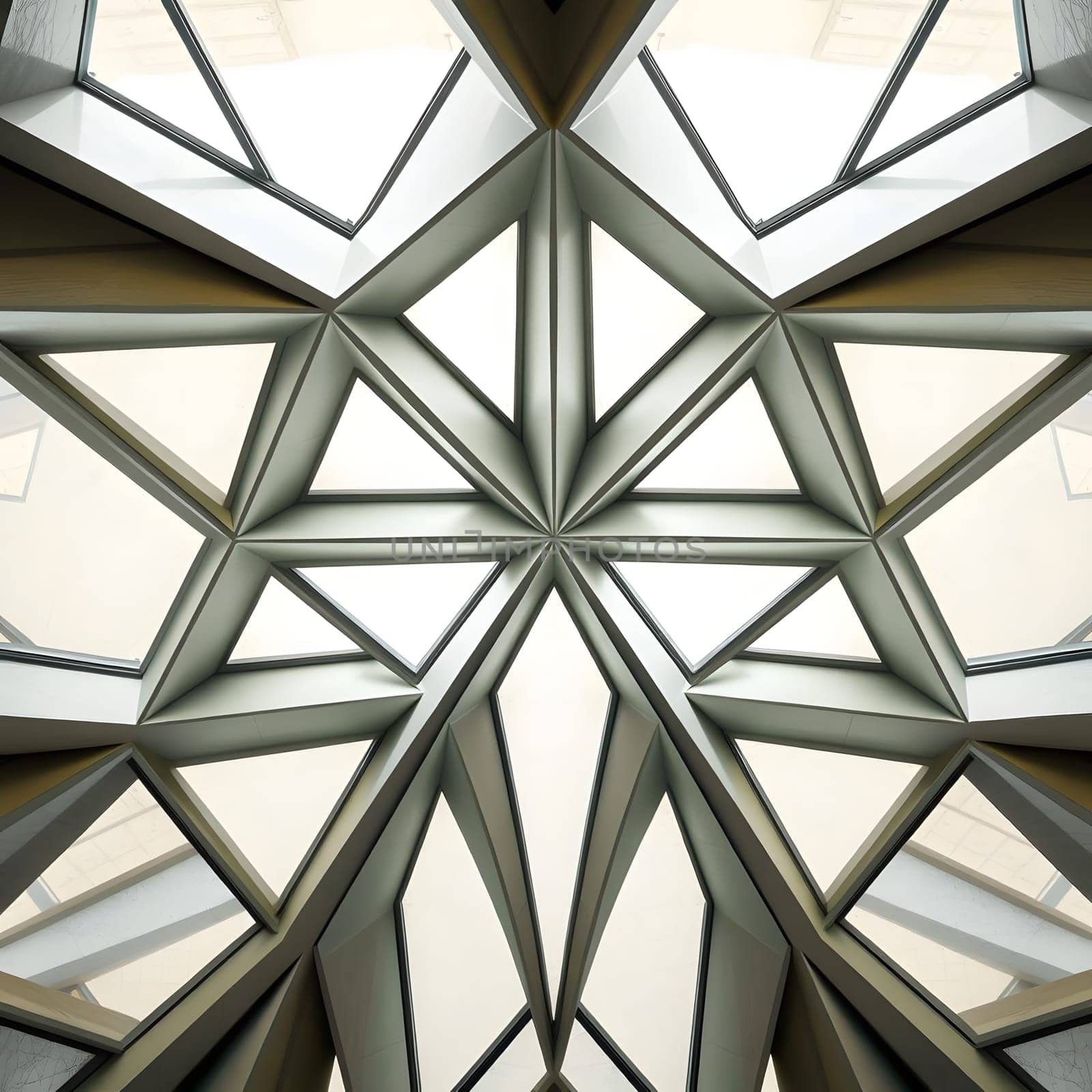 The image features a striking ceiling with a geometric pattern, highlighting sharp angles and a modern aesthetic. Natural light filters through, enhancing the intricate structure above.