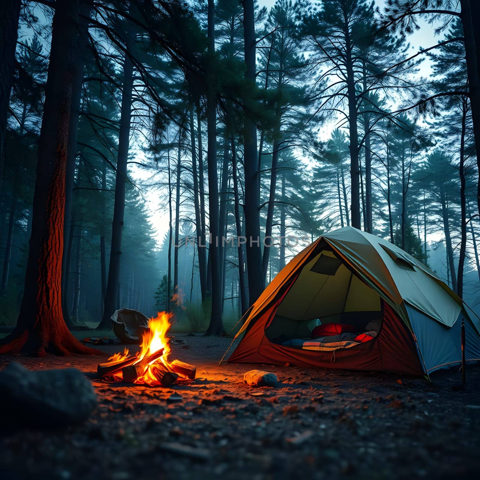 A cozy tent rests in a serene forest, surrounded by towering pine trees. Flickering flames from a campfire create a warm glow, inviting relaxation and reflection in nature's embrace.