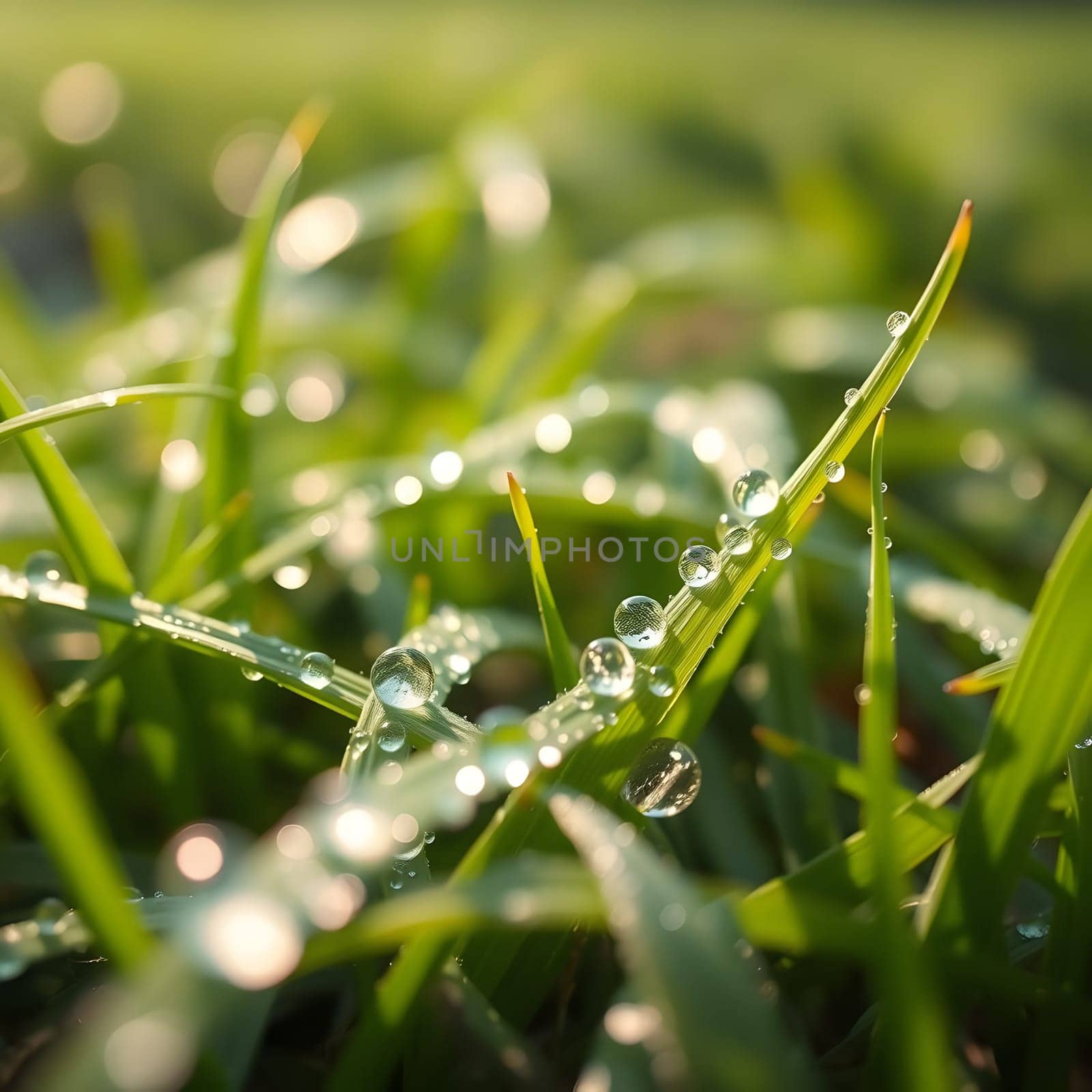 Fresh morning dew collects on grass blades, sparkling under the gentle sunlight. This serene moment captures the beauty of nature at dawn, showcasing vibrant greenery and water droplets.