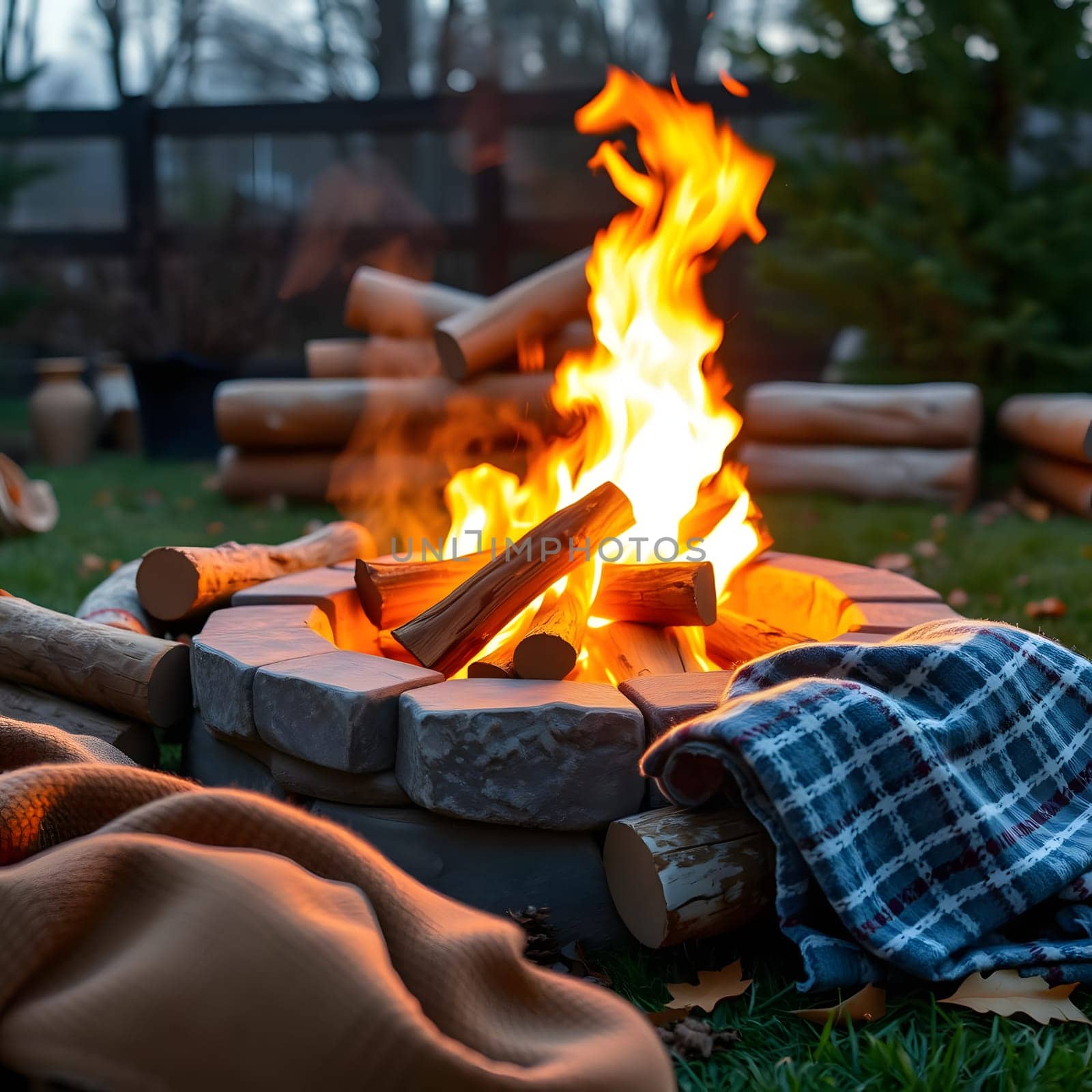 A warm fire crackles in a stone fire pit surrounded by logs, creating a cozy atmosphere. Warm blankets rest nearby, inviting relaxation on a chilly evening.
