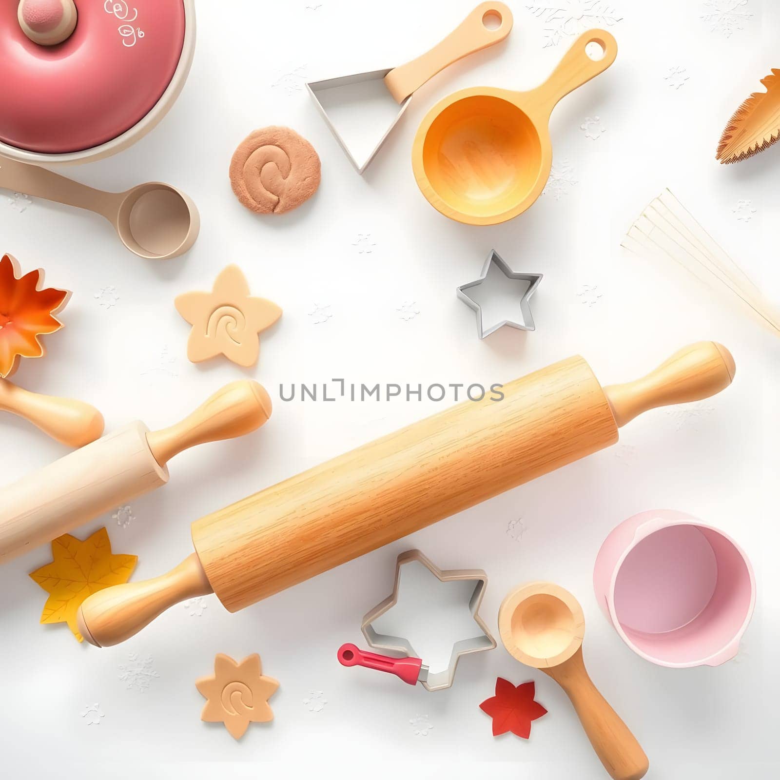 A wooden rolling pin and various baking tools are displayed on a white surface, ready for preparing autumn-themed cookies with colorful cutters in leaf and star shapes.
