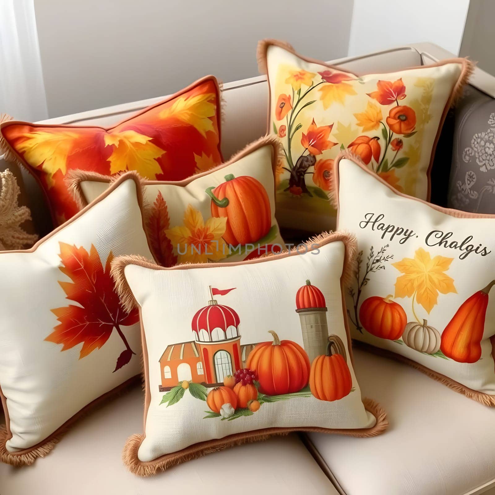 A collection of vibrant decorative pillows featuring autumn motifs such as pumpkins and falling leaves is arranged on a cozy couch, creating a warm seasonal ambiance.