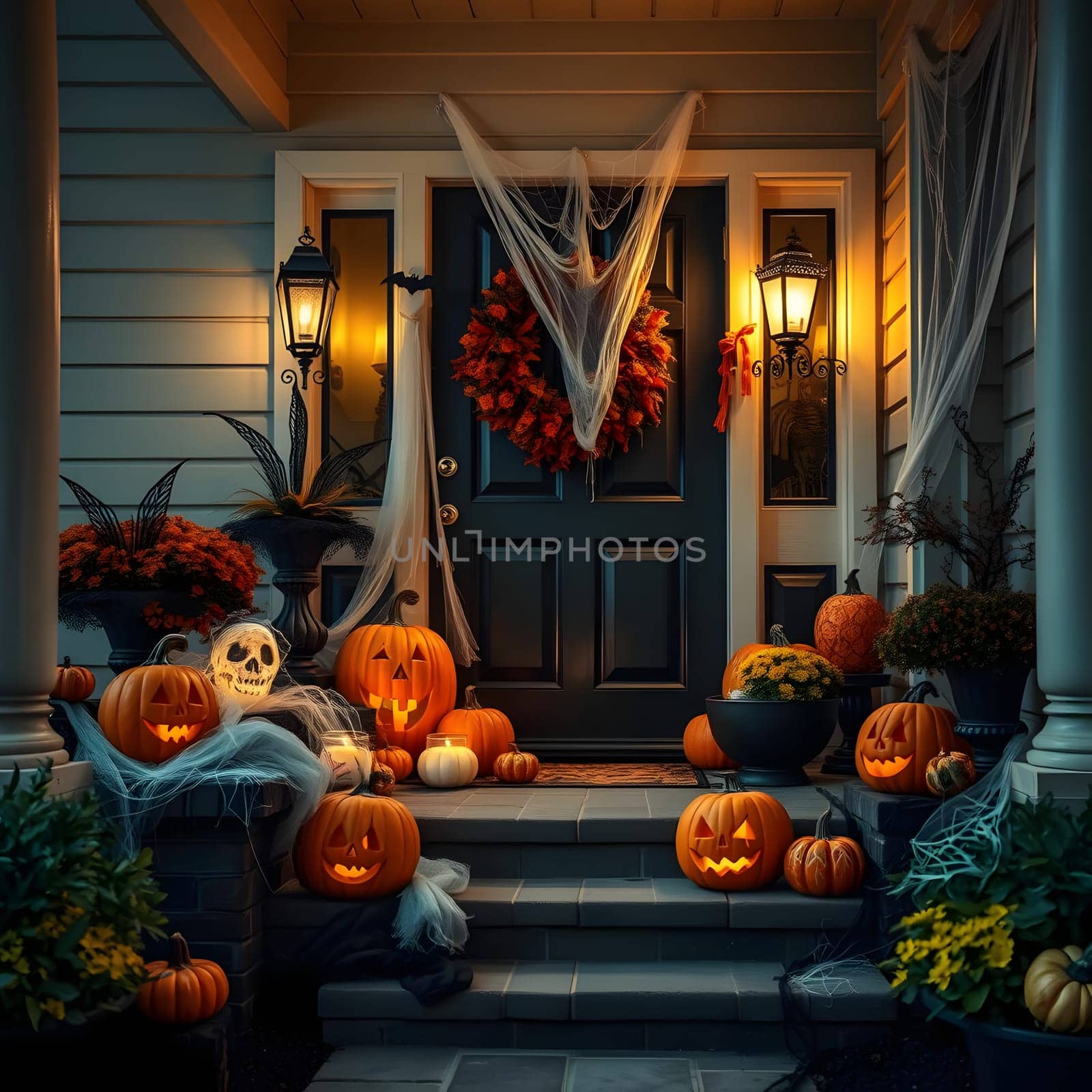 A cozy front porch is adorned with glowing jack-o'-lanterns, colorful pumpkins, and spider webs, creating a festive atmosphere as evening falls