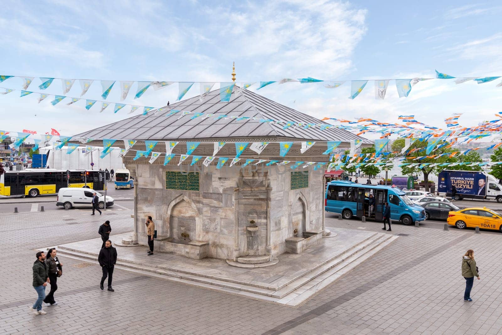 Istanbul, Turkey - May 5, 2023: Fountain of Ahmed III, or Ahmet Cesmesi, an 18th century public water fountain, or Sabil, built by Sultan Mahmud III, suited at Uskudar District