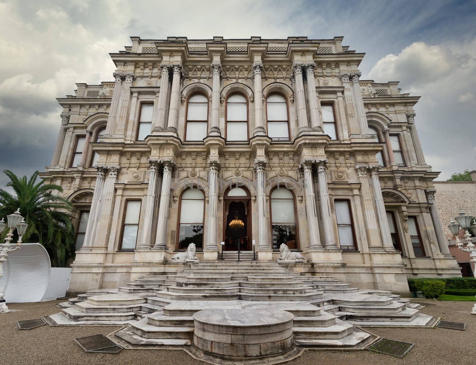 Facade of 1865 Ottoman era Beylerbeyi Palace, located at the Asian shore Bosphorus strait north of Bosphorus Bridge, Istanbul, Turkey
