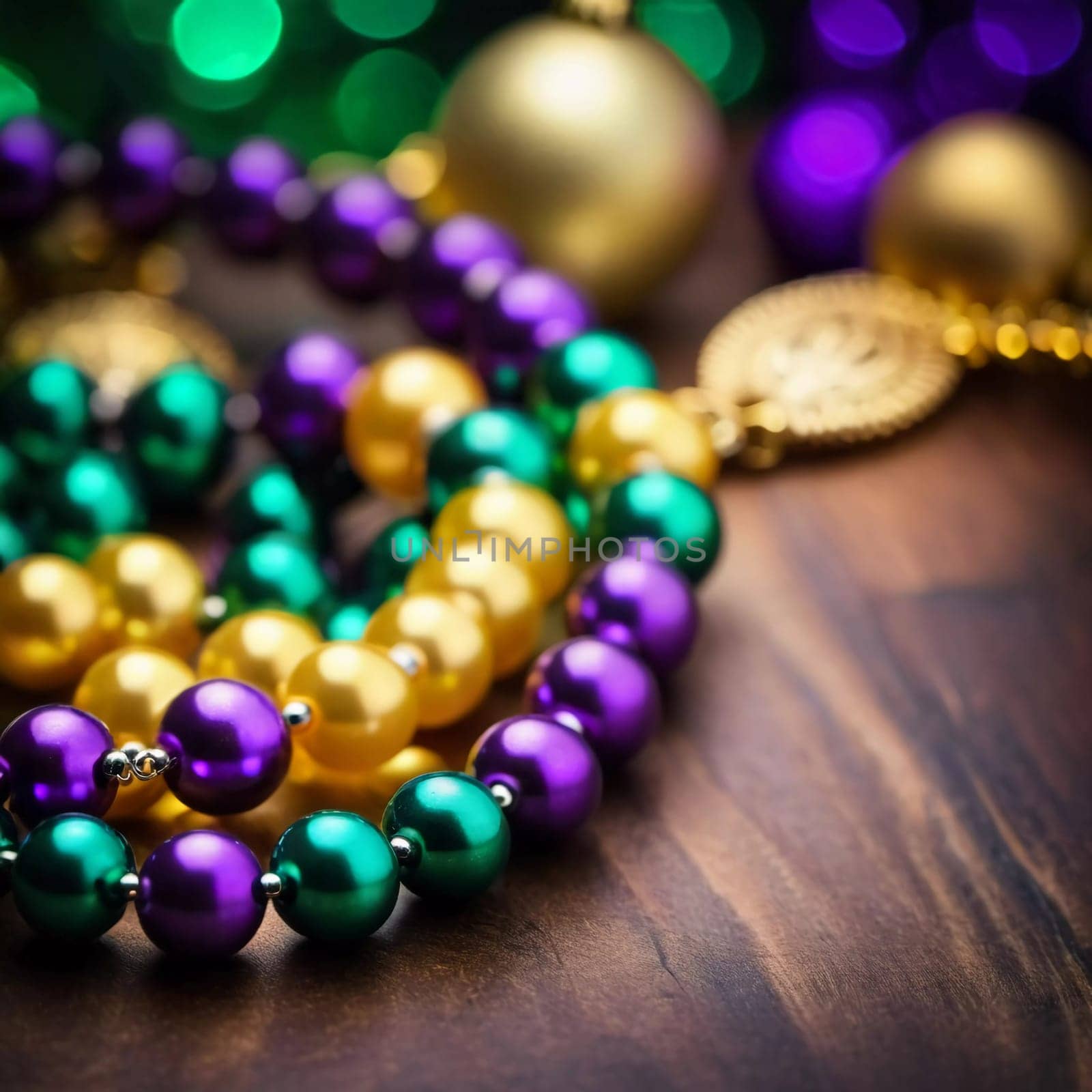 Colorful beads in purple, green, and gold create a festive atmosphere as they lay against a shimmering bokeh backdrop, embodying the joyful spirit of Mardi Gras festivities in New Orleans.