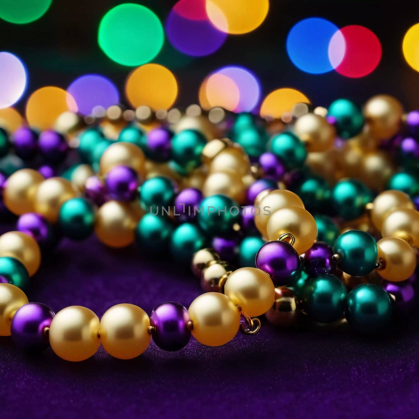 Colorful beads in purple, green, and gold create a festive atmosphere as they lay against a shimmering bokeh backdrop, embodying the joyful spirit of Mardi Gras festivities in New Orleans.